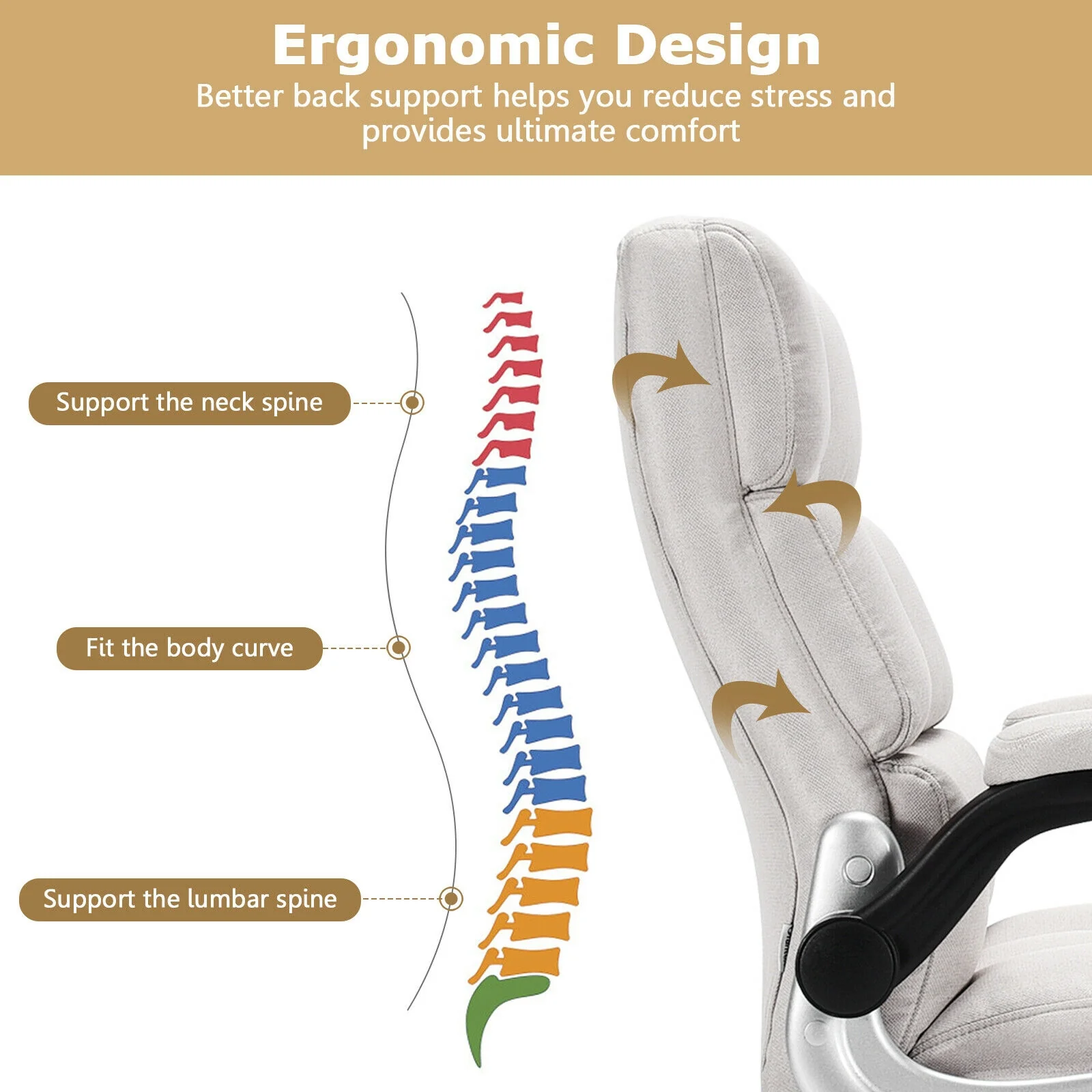 Adjustable Swivel Office Chair, High Back, Flip-Up Arm, Beige - Image 10