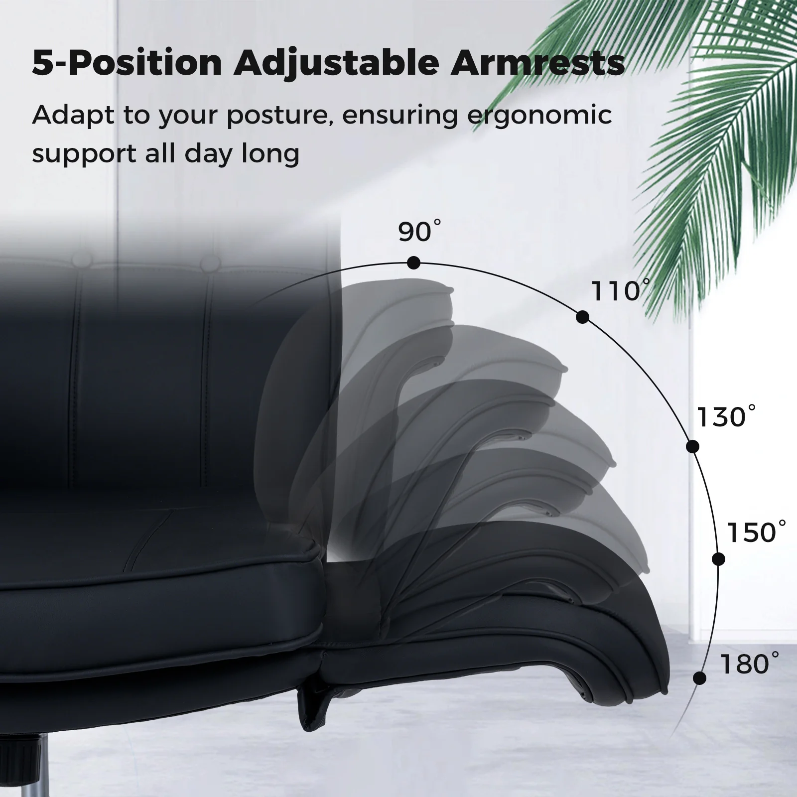 Adjustable Swivel Vanity Chair, 5-Position Armrests, Black - Image 7