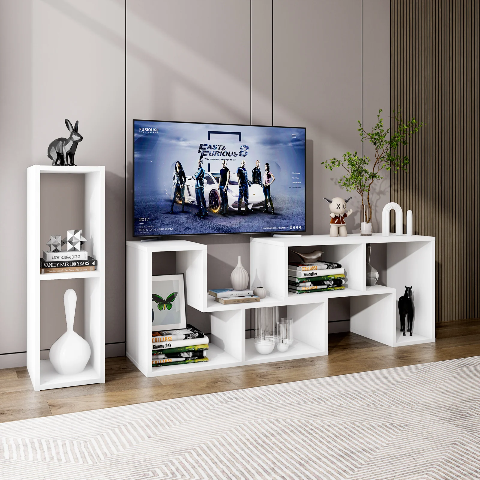 Adjustable TV Stand, 65 Inch, 3 Pieces With Shelves, White - Image 3