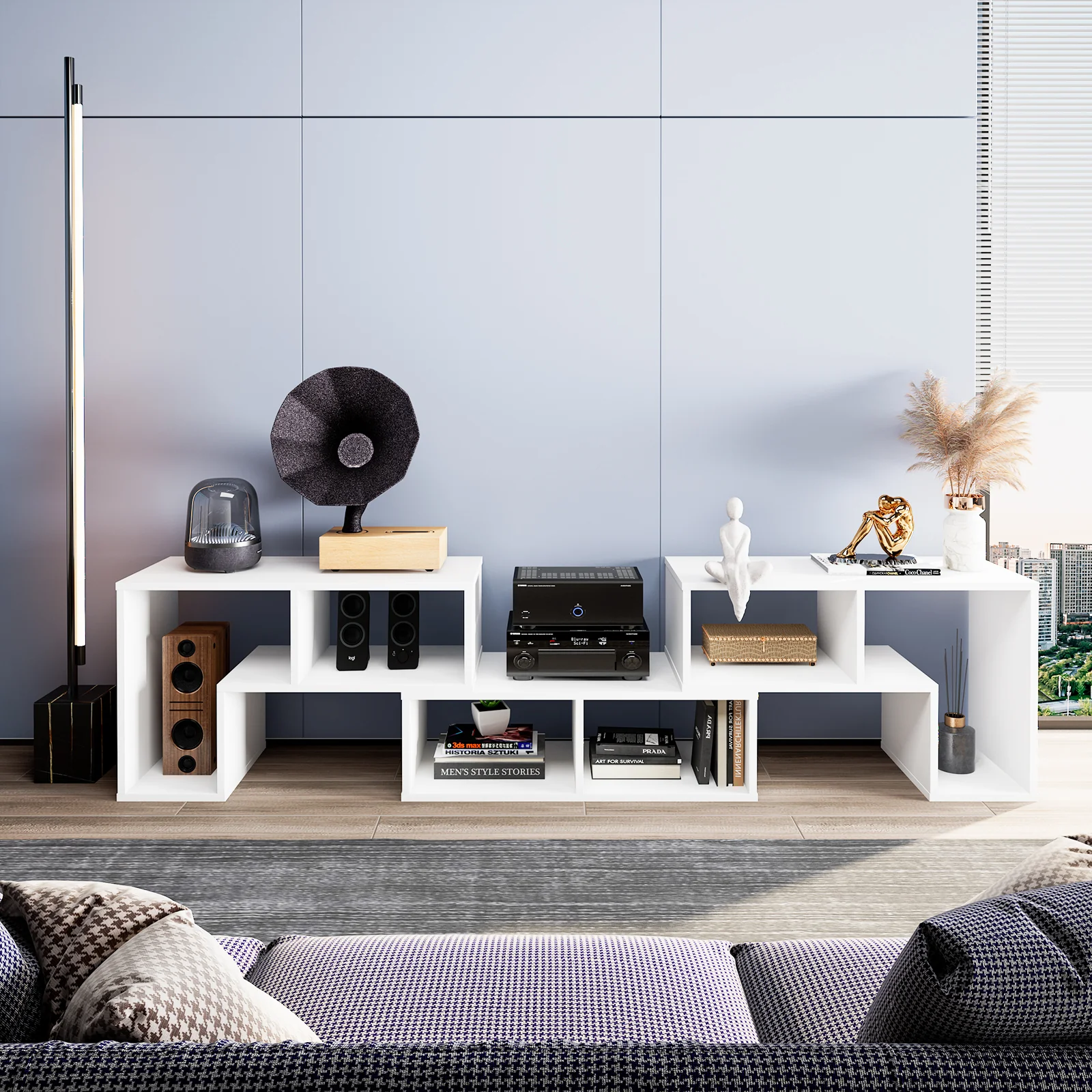 Adjustable TV Stand, 65 Inch, 3 Pieces With Shelves, White - Image 7