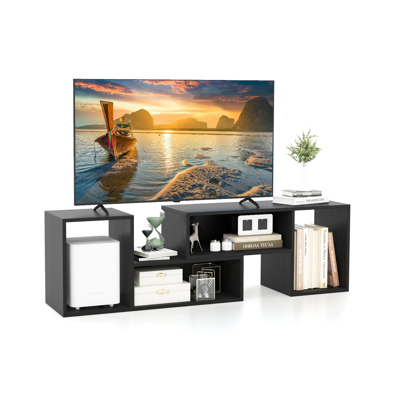 Adjustable TV Stand For 55 Inch TVs, With Storage Cubes, Black - Image 4