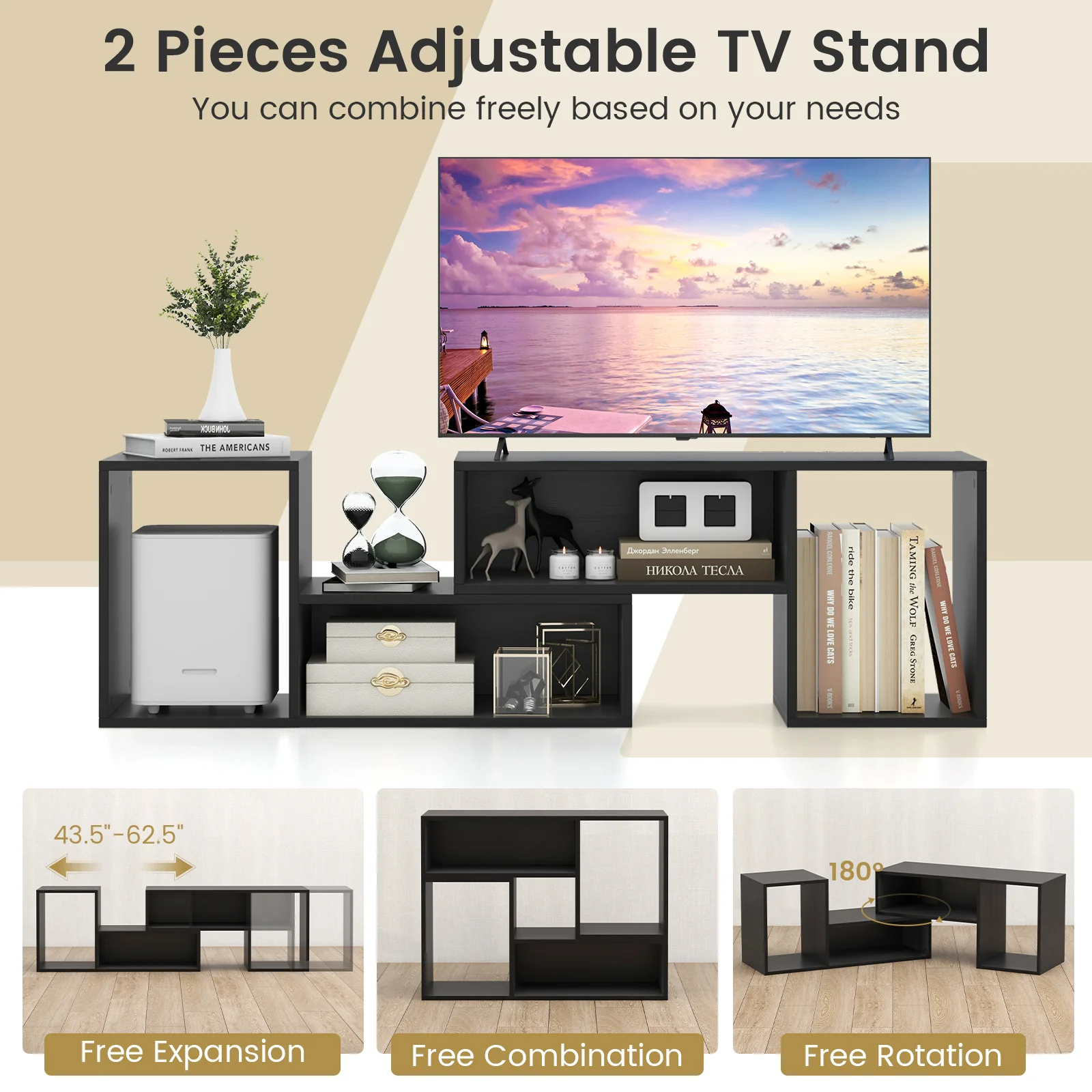 Adjustable TV Stand For 55 Inch TVs, With Storage Cubes, Black - Image 7