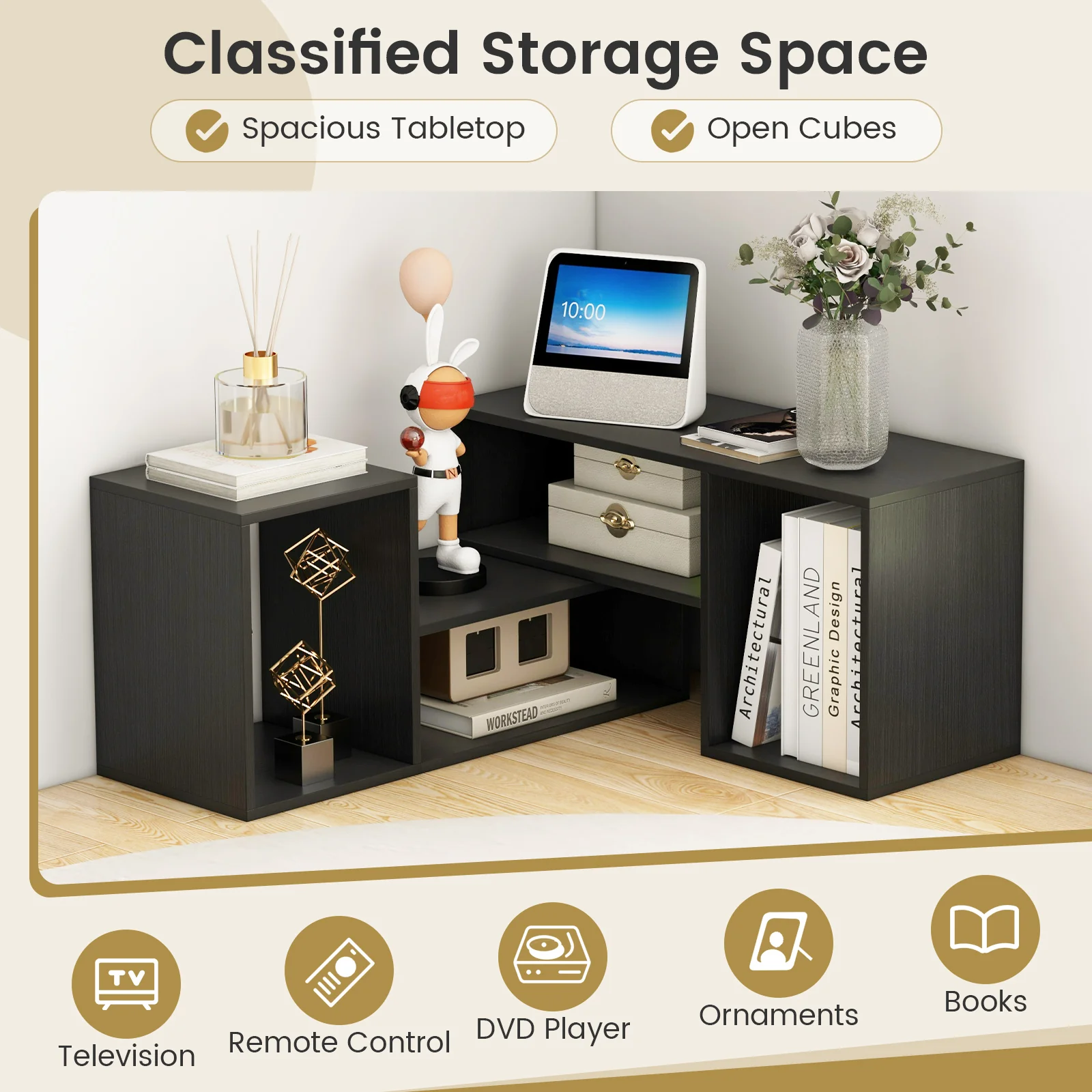 Adjustable TV Stand For 55 Inch TVs, With Storage Cubes, Black - Image 8