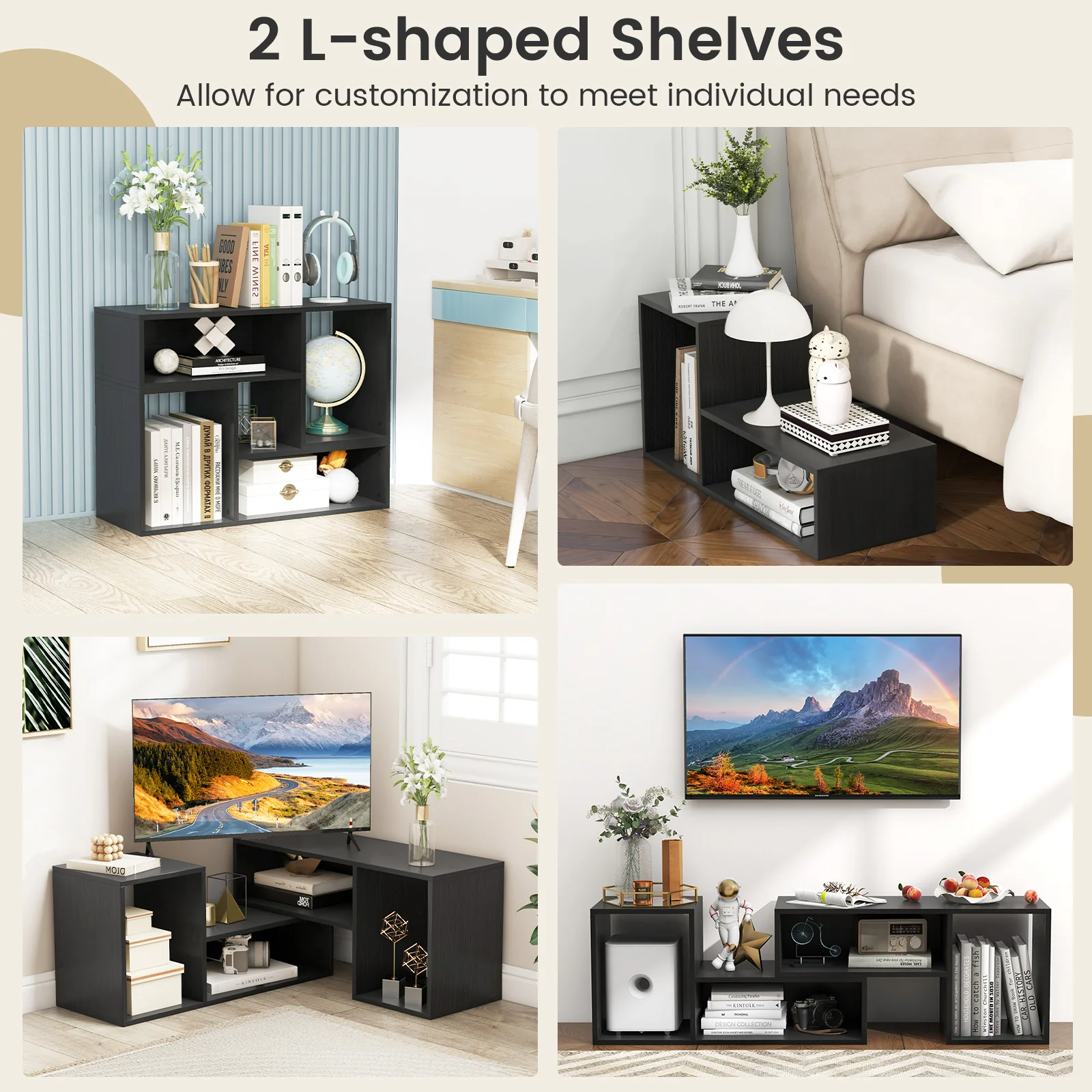 Adjustable TV Stand For 55 Inch TVs, With Storage Cubes, Black - Image 9