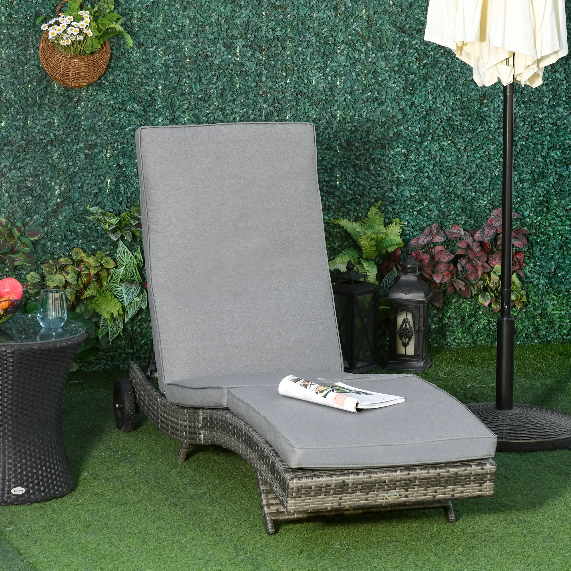 Adjustable Wicker Chaise Lounge Chair with Cushion, Wheels, Grey - Image 8