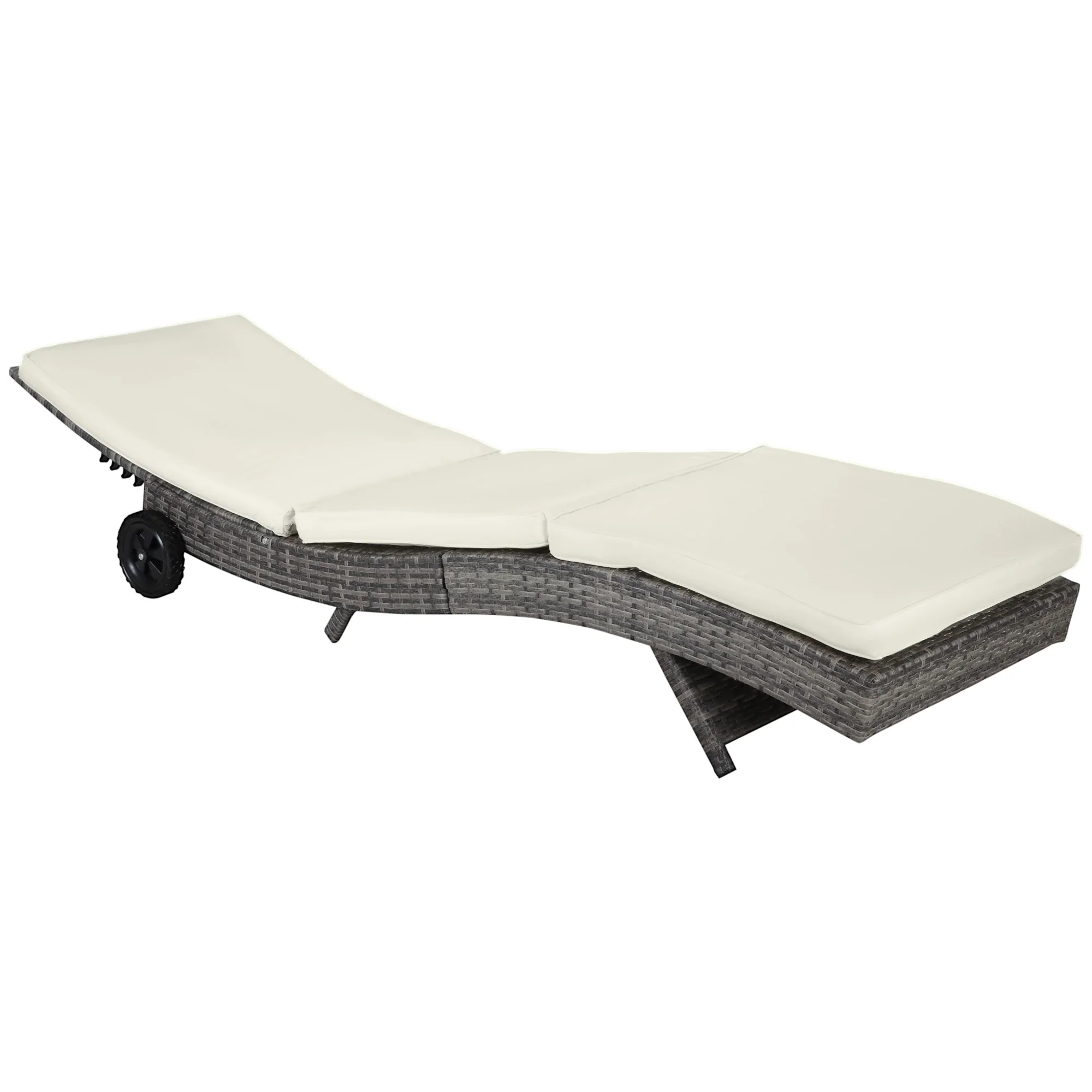 Adjustable Wicker Chaise Lounge with Cushion, Wheels, Cream White