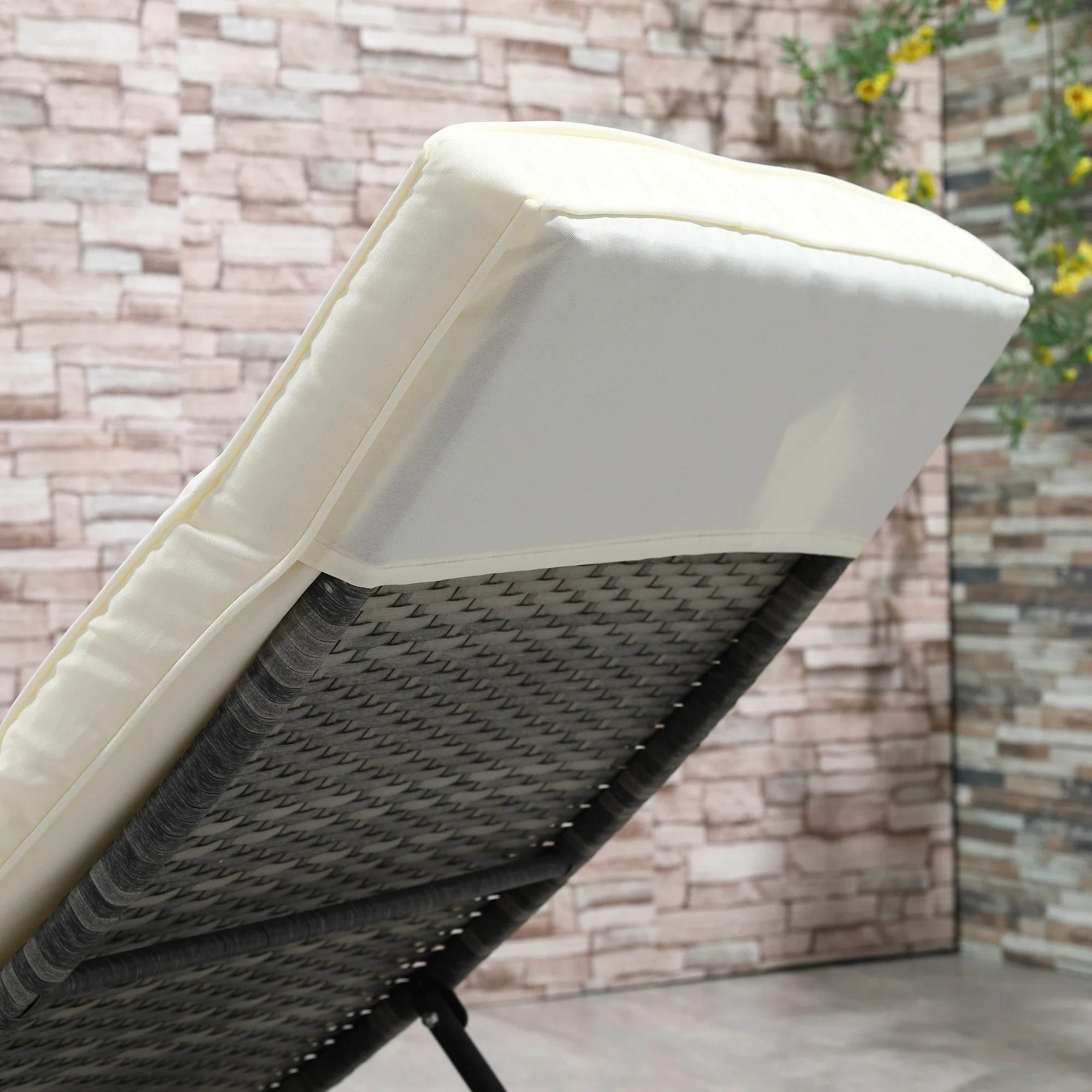 Adjustable Wicker Chaise Lounge with Cushion, Wheels, Cream White - Image 10