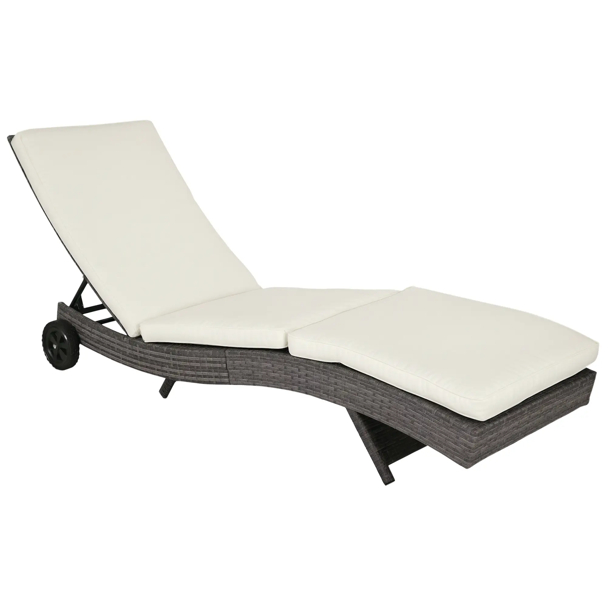 Adjustable Wicker Chaise Lounge with Cushion, Wheels, Cream White - Image 11