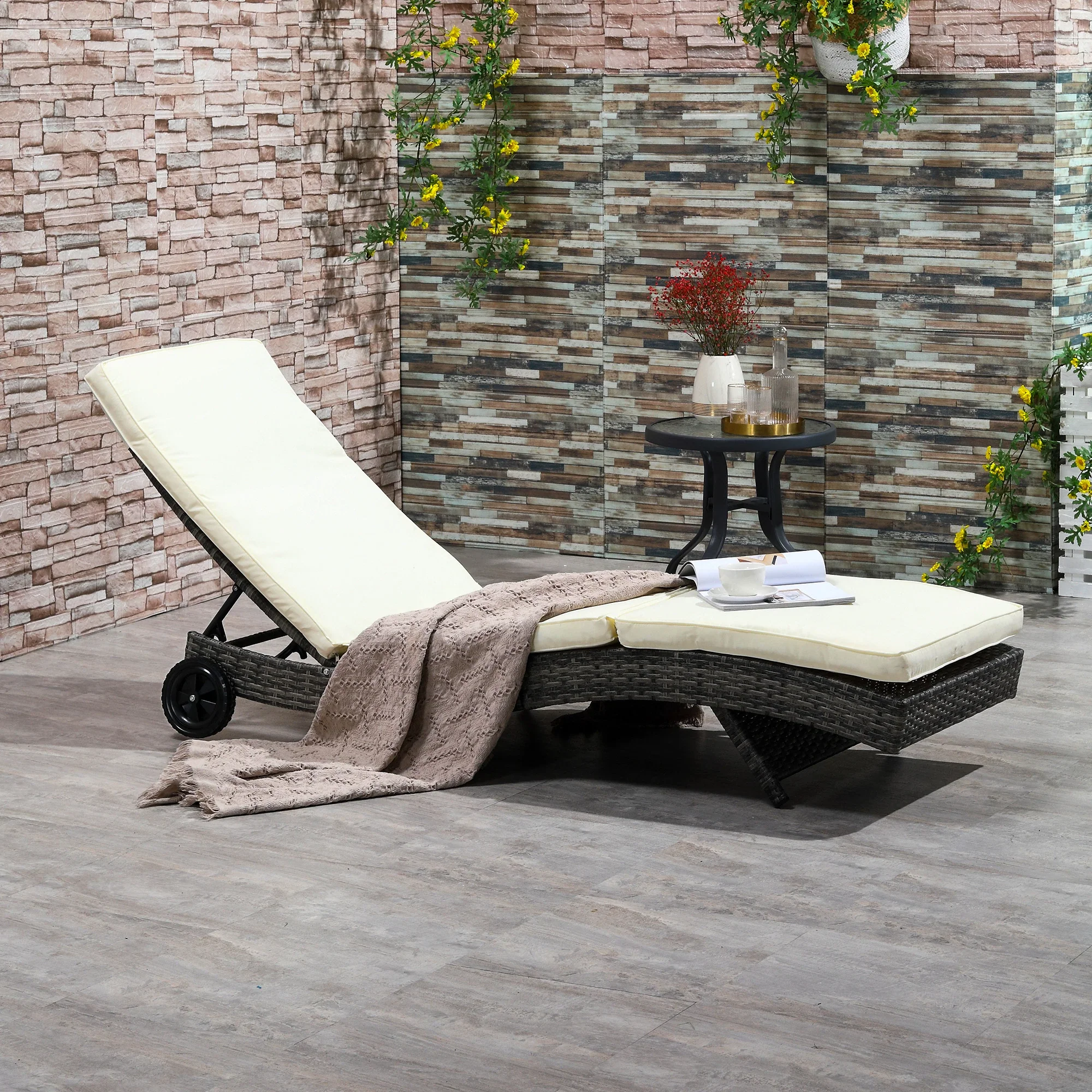 Adjustable Wicker Chaise Lounge with Cushion, Wheels, Cream White - Image 2