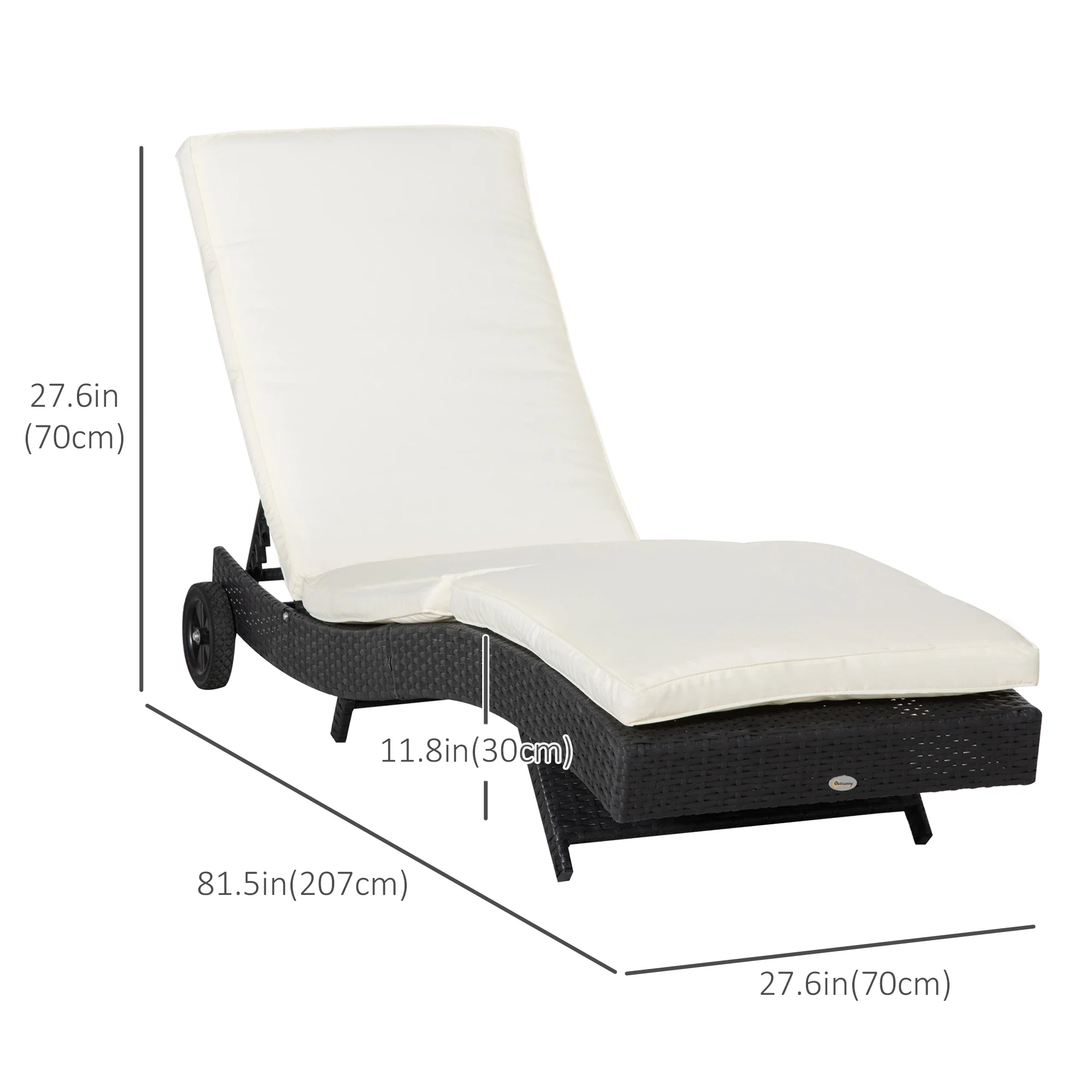 Adjustable Wicker Chaise Lounge with Cushion, Wheels, Cream White - Image 3