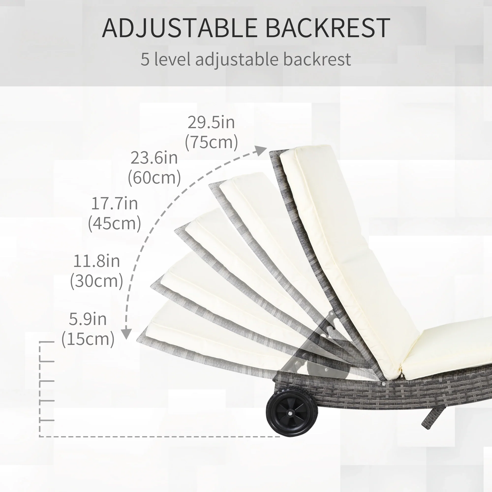 Adjustable Wicker Chaise Lounge with Cushion, Wheels, Cream White - Image 5