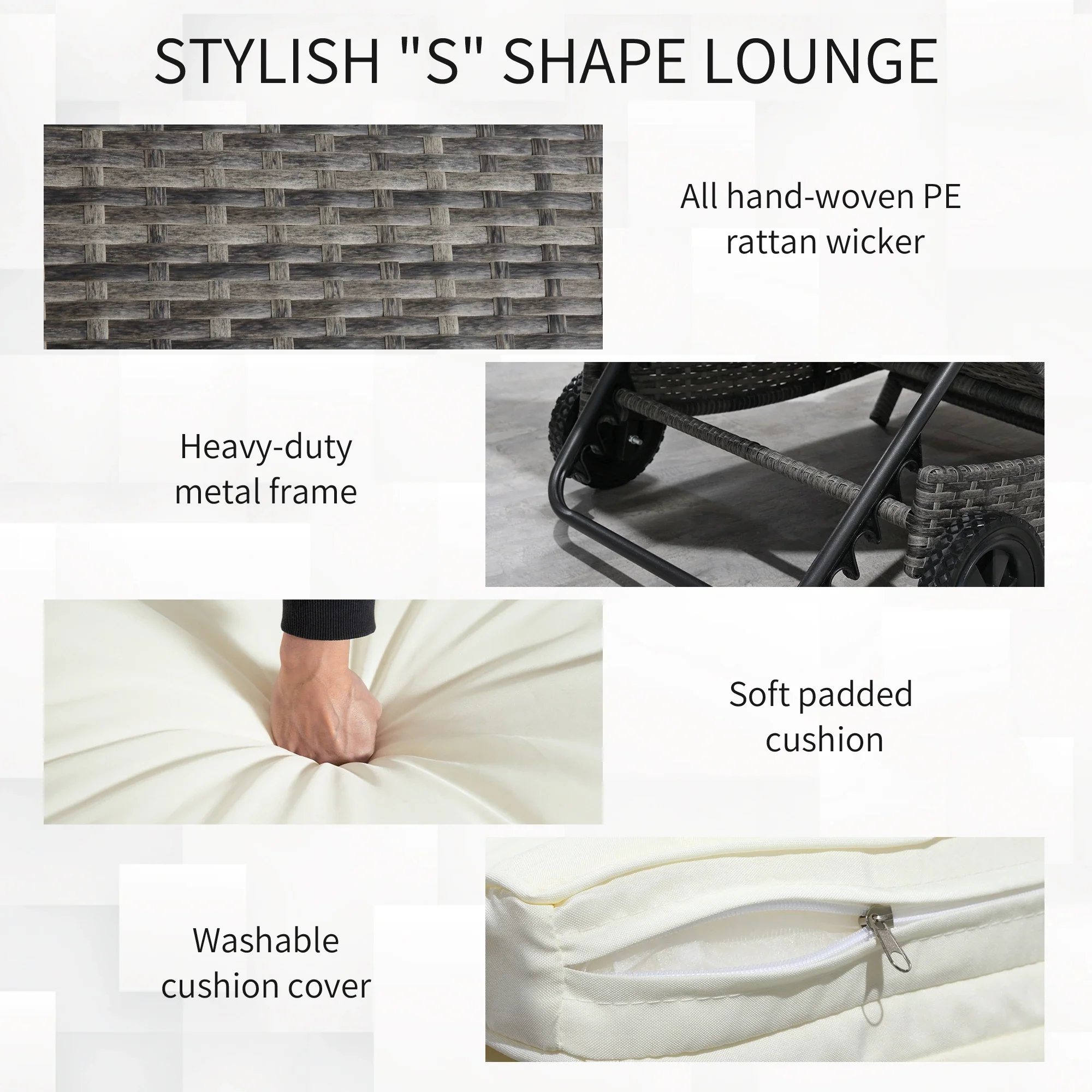 Adjustable Wicker Chaise Lounge with Cushion, Wheels, Cream White - Image 6