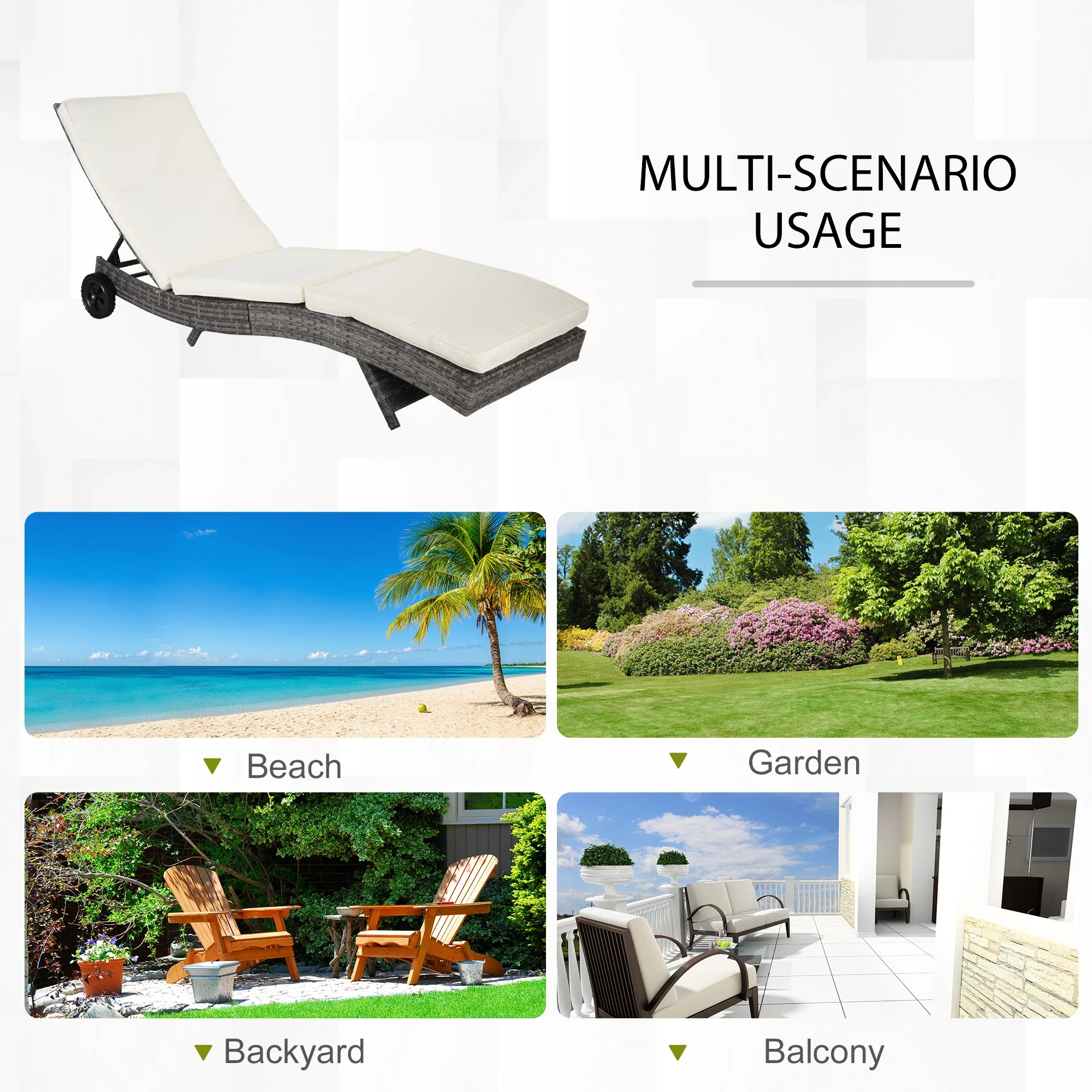 Adjustable Wicker Chaise Lounge with Cushion, Wheels, Cream White - Image 7