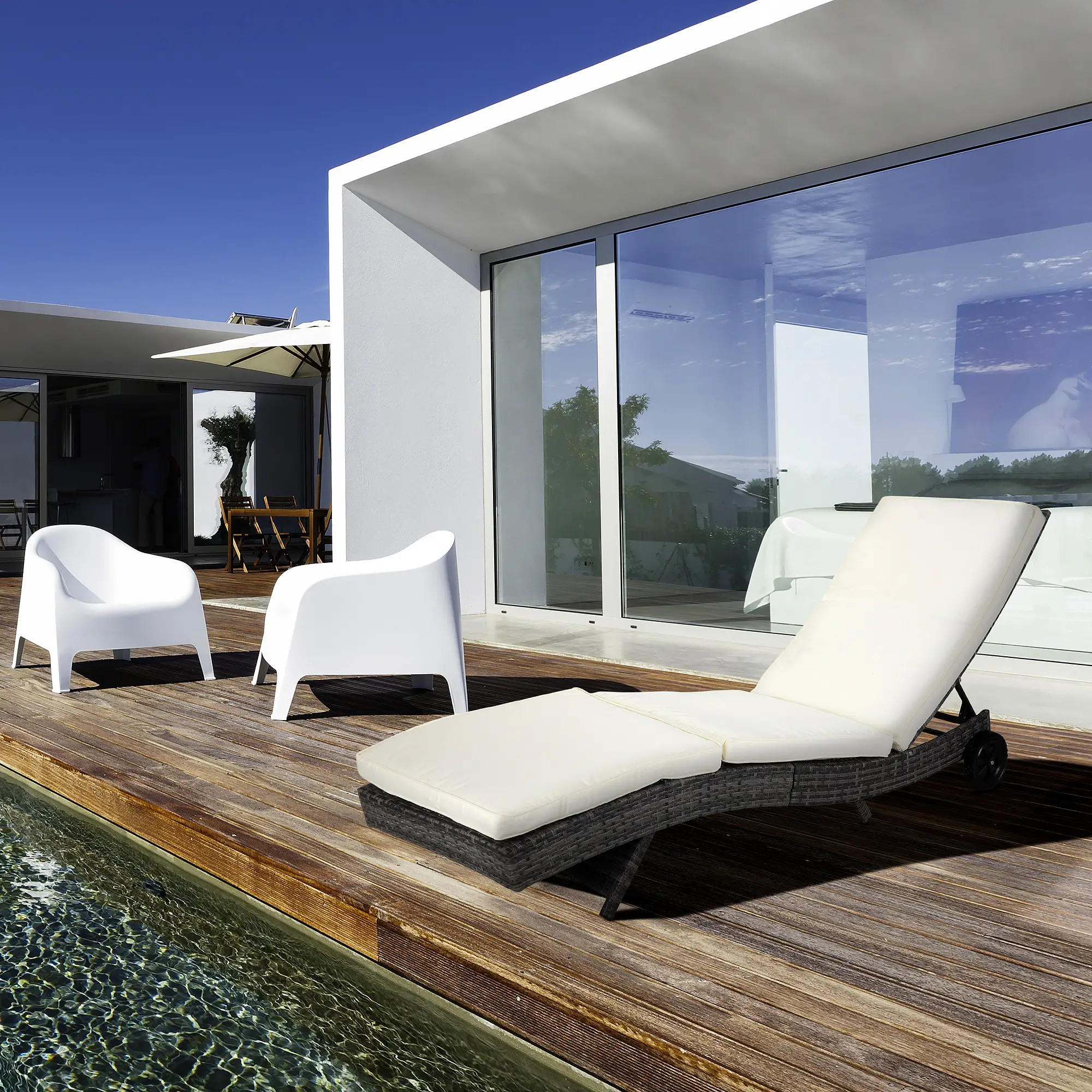 Adjustable Wicker Chaise Lounge with Cushion, Wheels, Cream White - Image 8