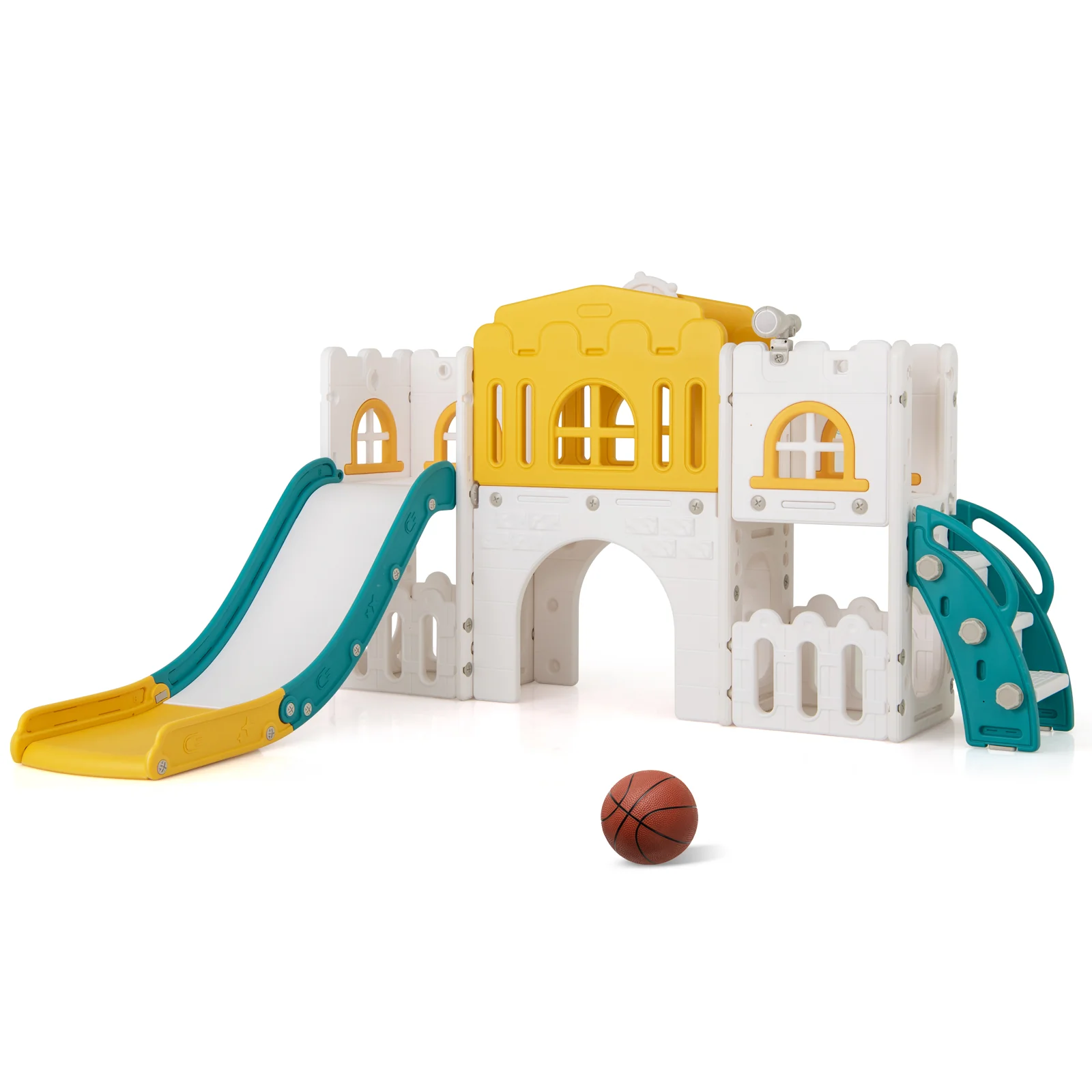 All-in-1 Toddler Slide Playset Playground with Tunnel and Ladder and Basketball, Yellow