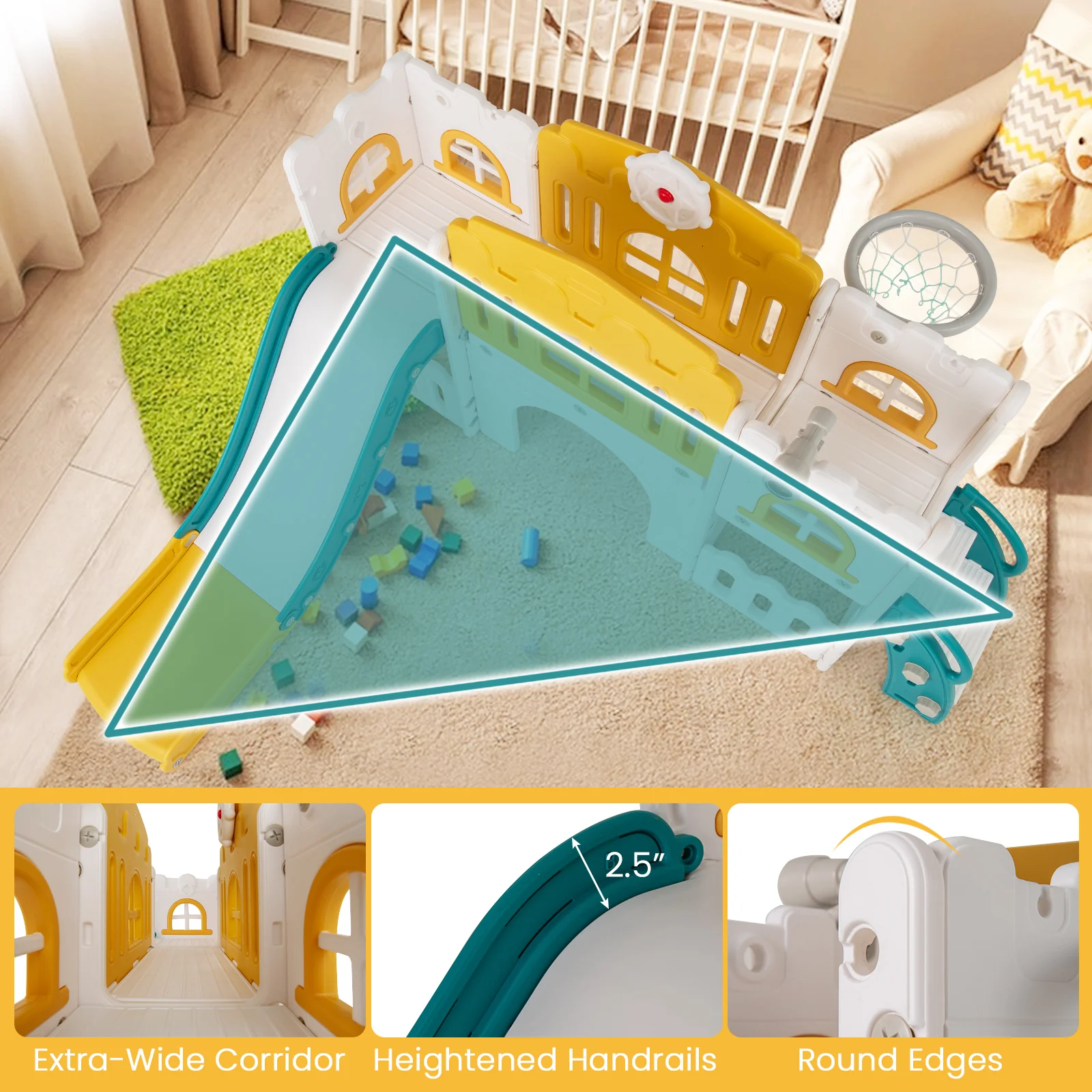 All-in-1 Toddler Slide Playset Playground with Tunnel and Ladder and Basketball, Yellow - Image 10