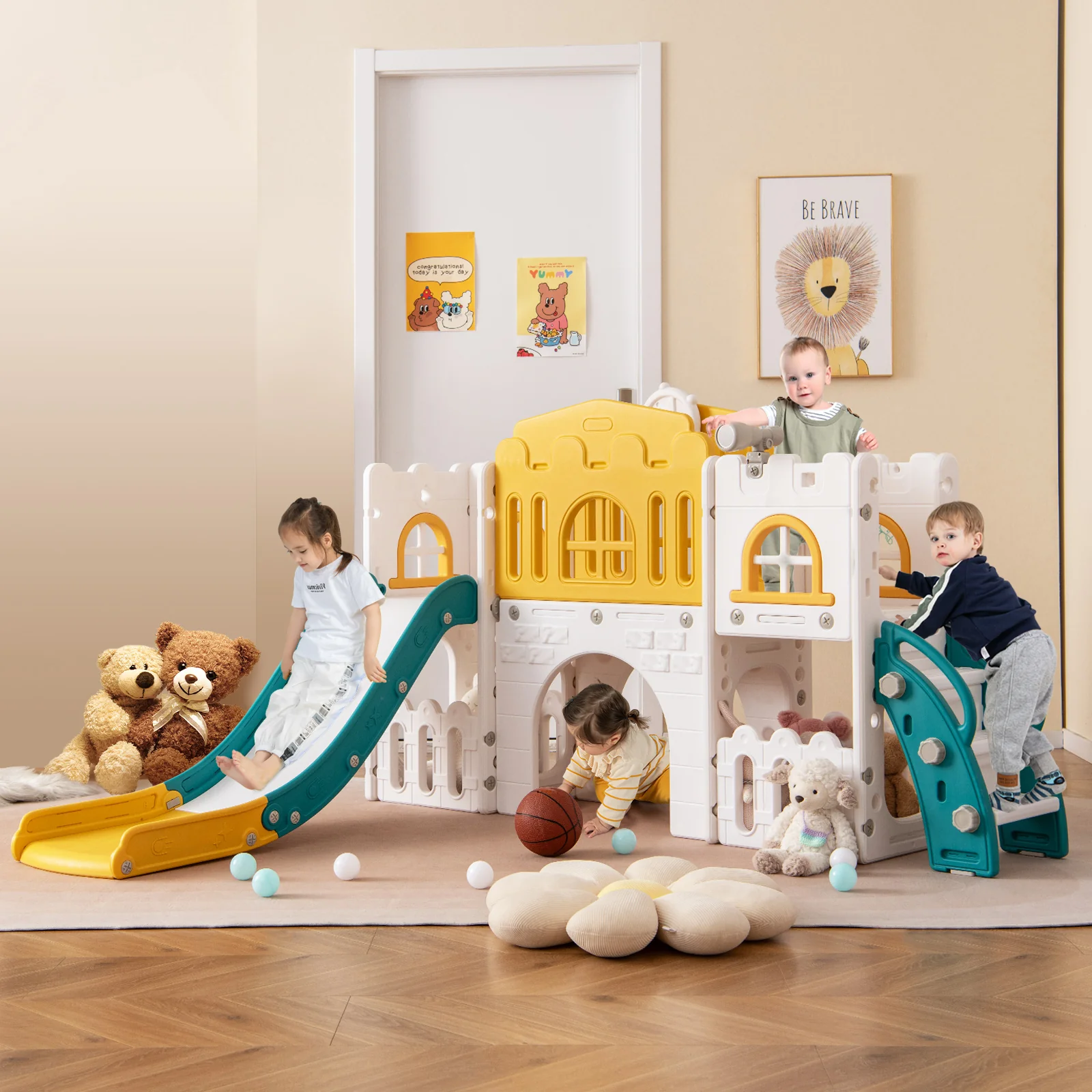 All-in-1 Toddler Slide Playset Playground with Tunnel and Ladder and Basketball, Yellow - Image 2