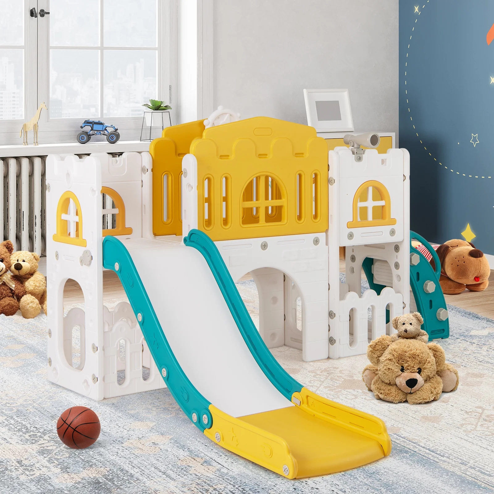 All-in-1 Toddler Slide Playset Playground with Tunnel and Ladder and Basketball, Yellow - Image 3