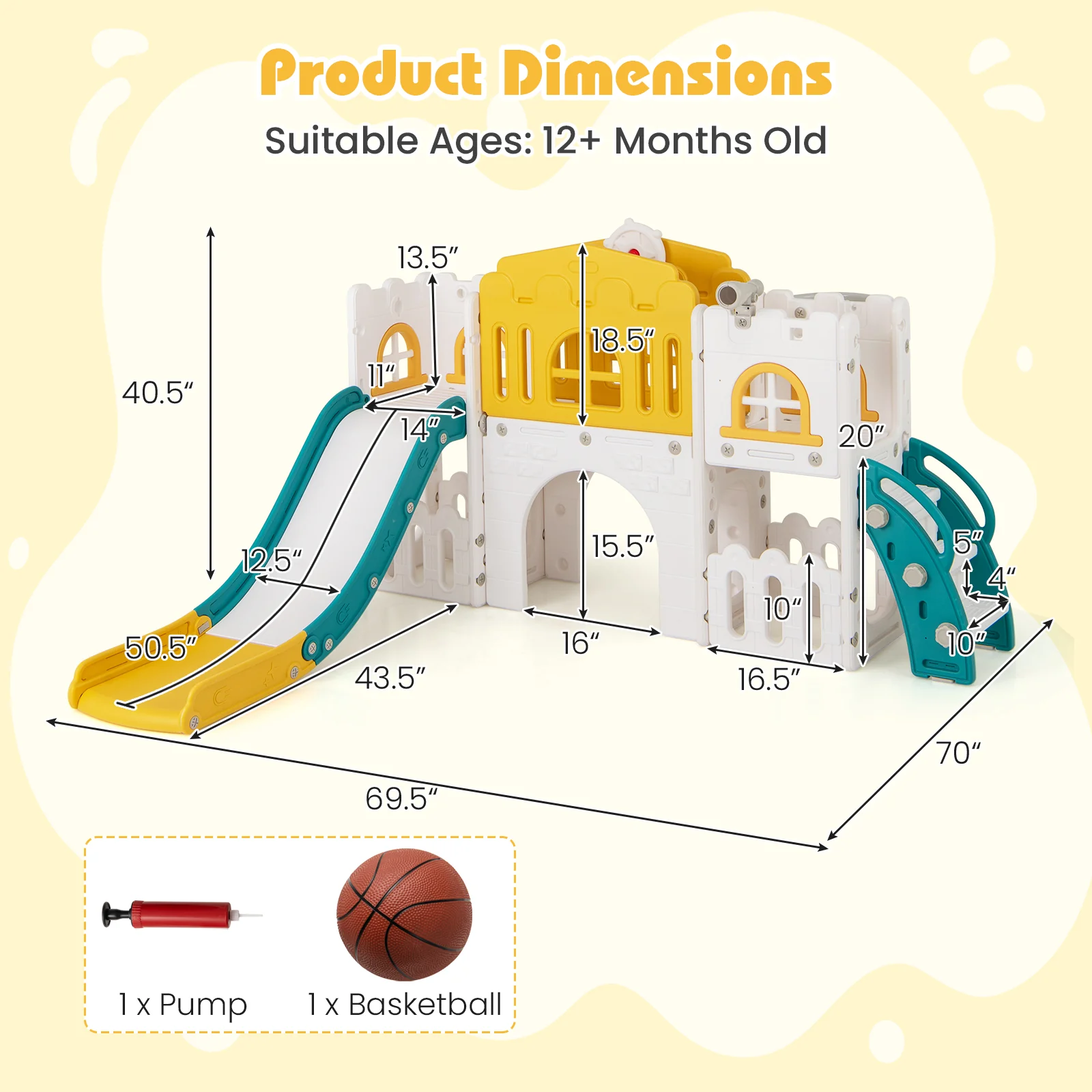 All-in-1 Toddler Slide Playset Playground with Tunnel and Ladder and Basketball, Yellow - Image 5