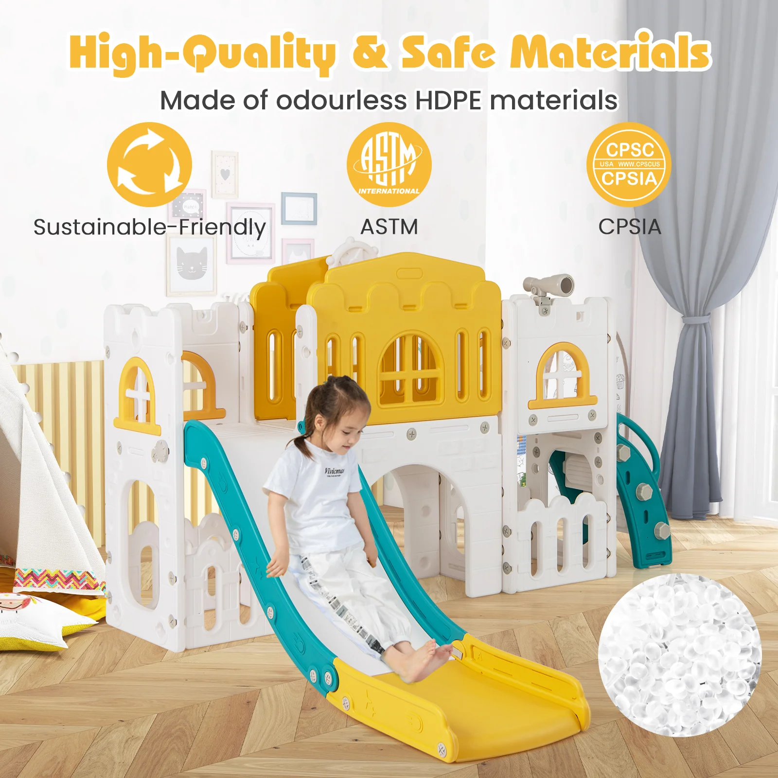 All-in-1 Toddler Slide Playset Playground with Tunnel and Ladder and Basketball, Yellow - Image 6
