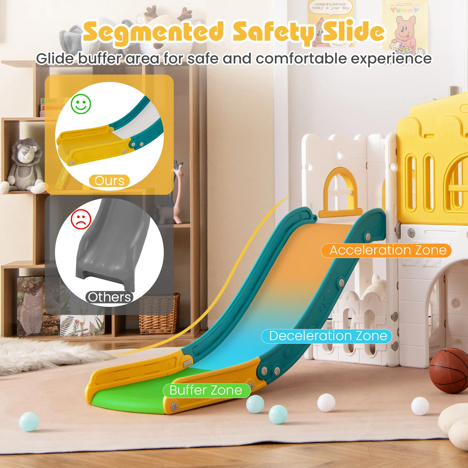 All-in-1 Toddler Slide Playset Playground with Tunnel and Ladder and Basketball, Yellow - Image 7