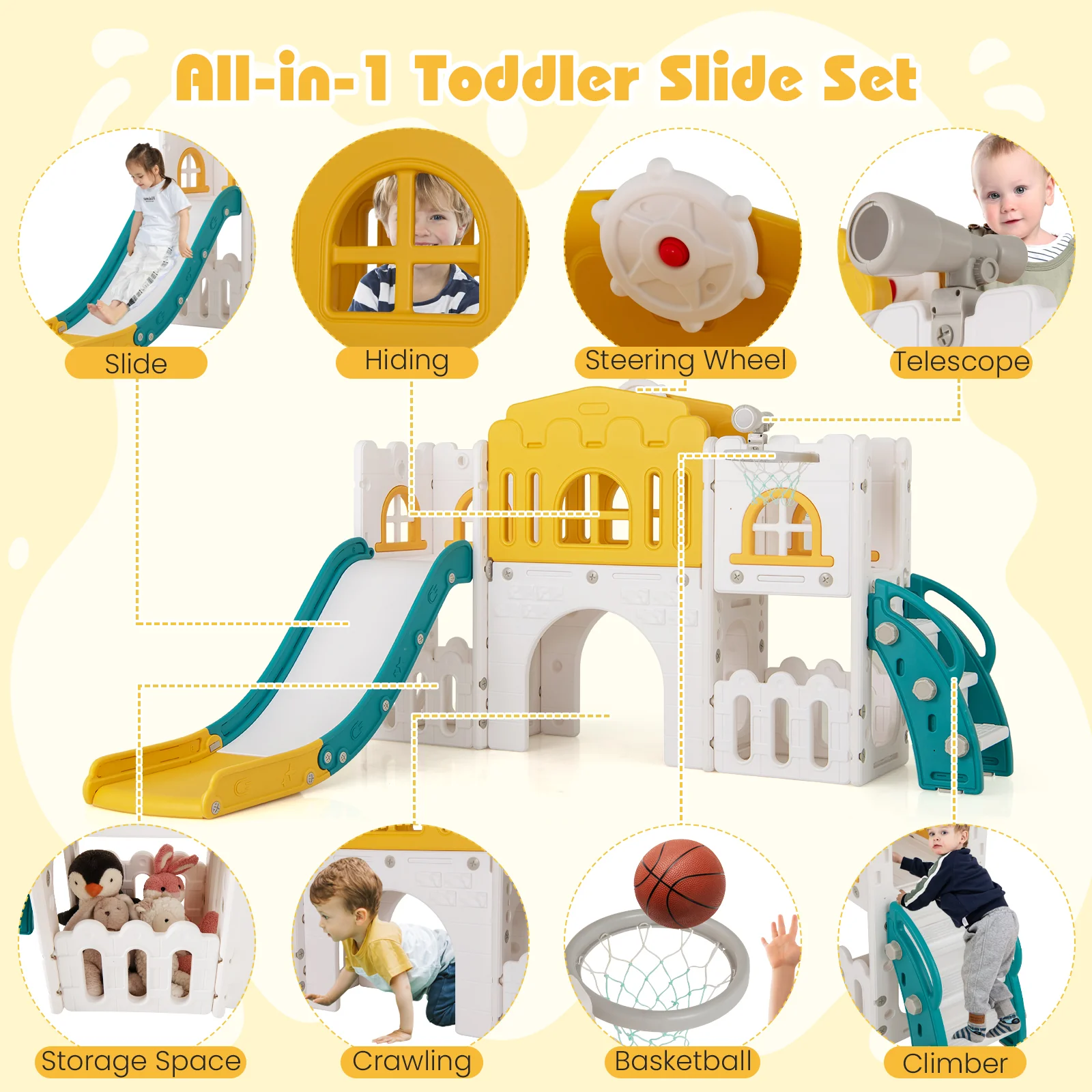 All-in-1 Toddler Slide Playset Playground with Tunnel and Ladder and Basketball, Yellow - Image 8
