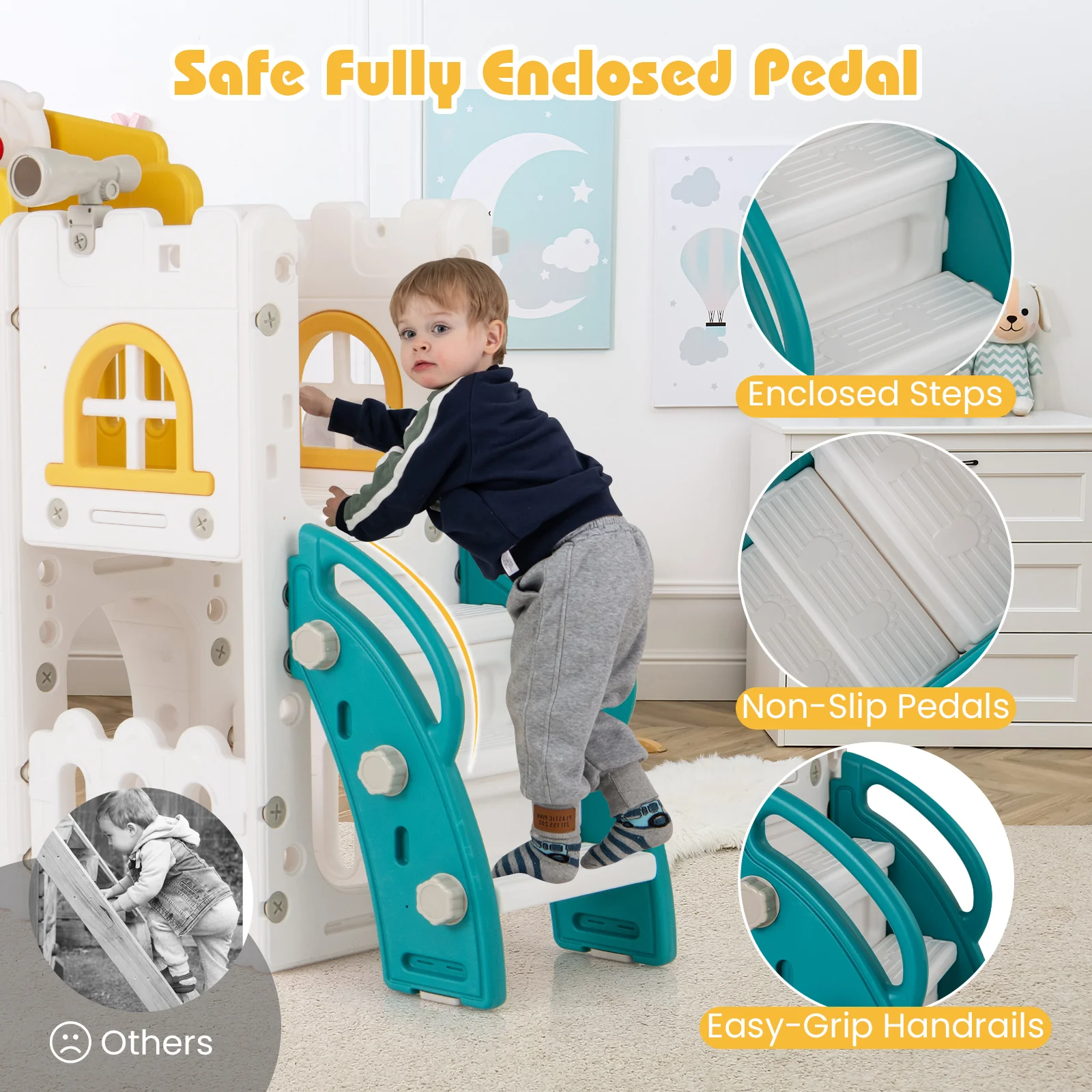 All-in-1 Toddler Slide Playset Playground with Tunnel and Ladder and Basketball, Yellow - Image 9