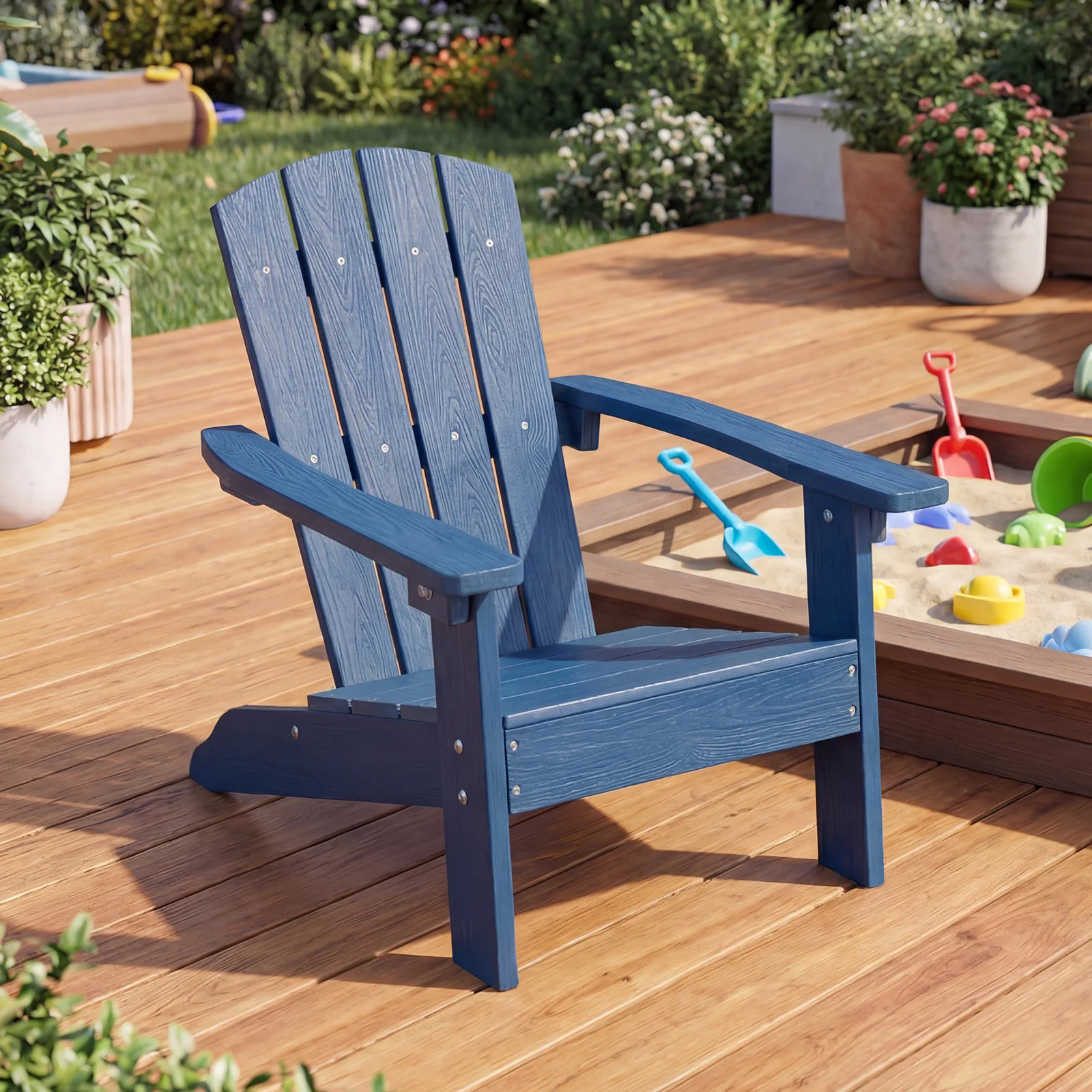 All-Weather HDPE Kids Adirondack Chair, High Backrest Armrests, Blue - Image 2