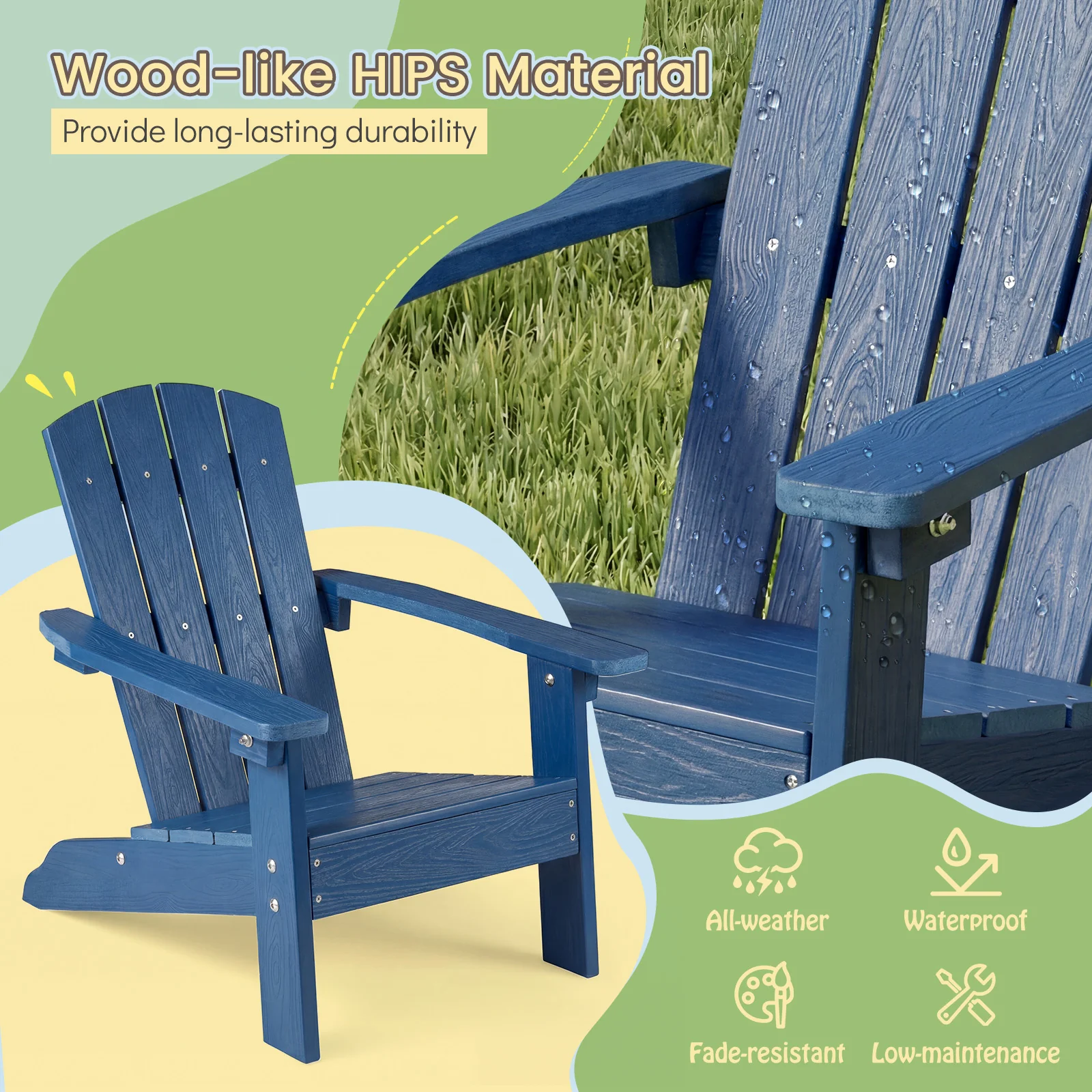 All-Weather HDPE Kids Adirondack Chair, High Backrest Armrests, Blue - Image 5