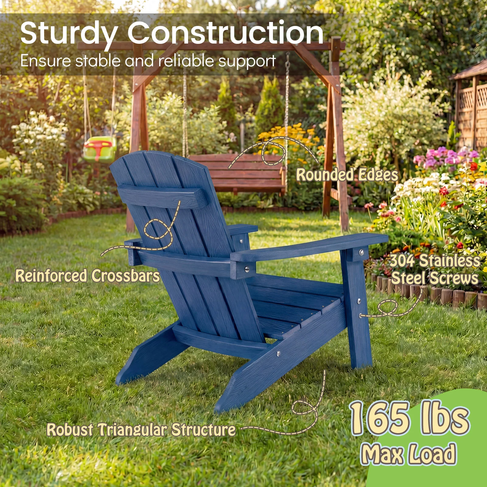 All-Weather HDPE Kids Adirondack Chair, High Backrest Armrests, Blue - Image 6