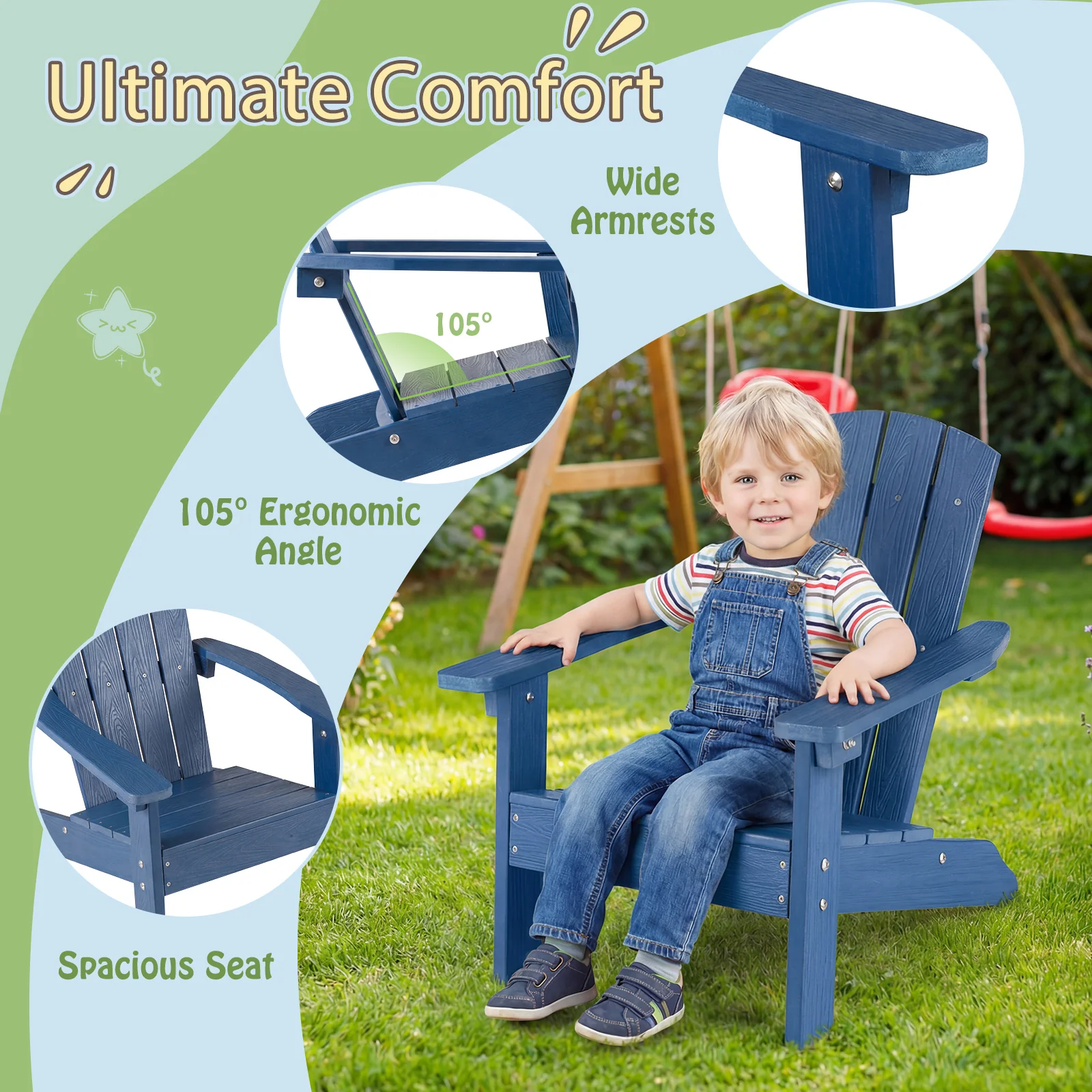 All-Weather HDPE Kids Adirondack Chair, High Backrest Armrests, Blue - Image 7
