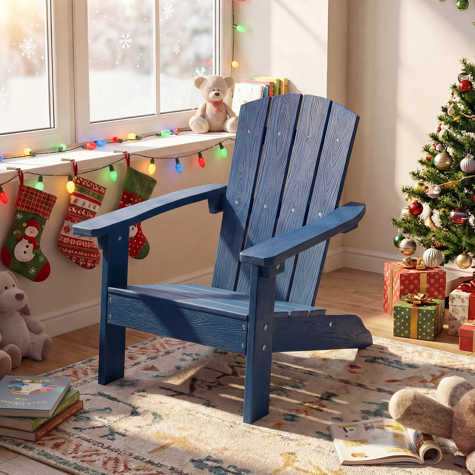 All-Weather HDPE Kids Adirondack Chair, High Backrest Armrests, Blue - Image 8