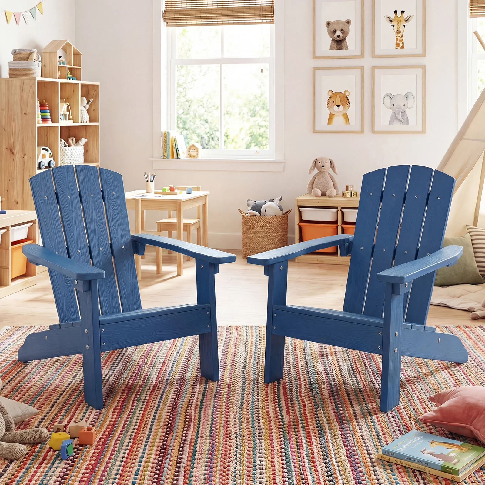 All-Weather HDPE Kids Adirondack Chair, High Backrest Armrests, Blue - Image 9