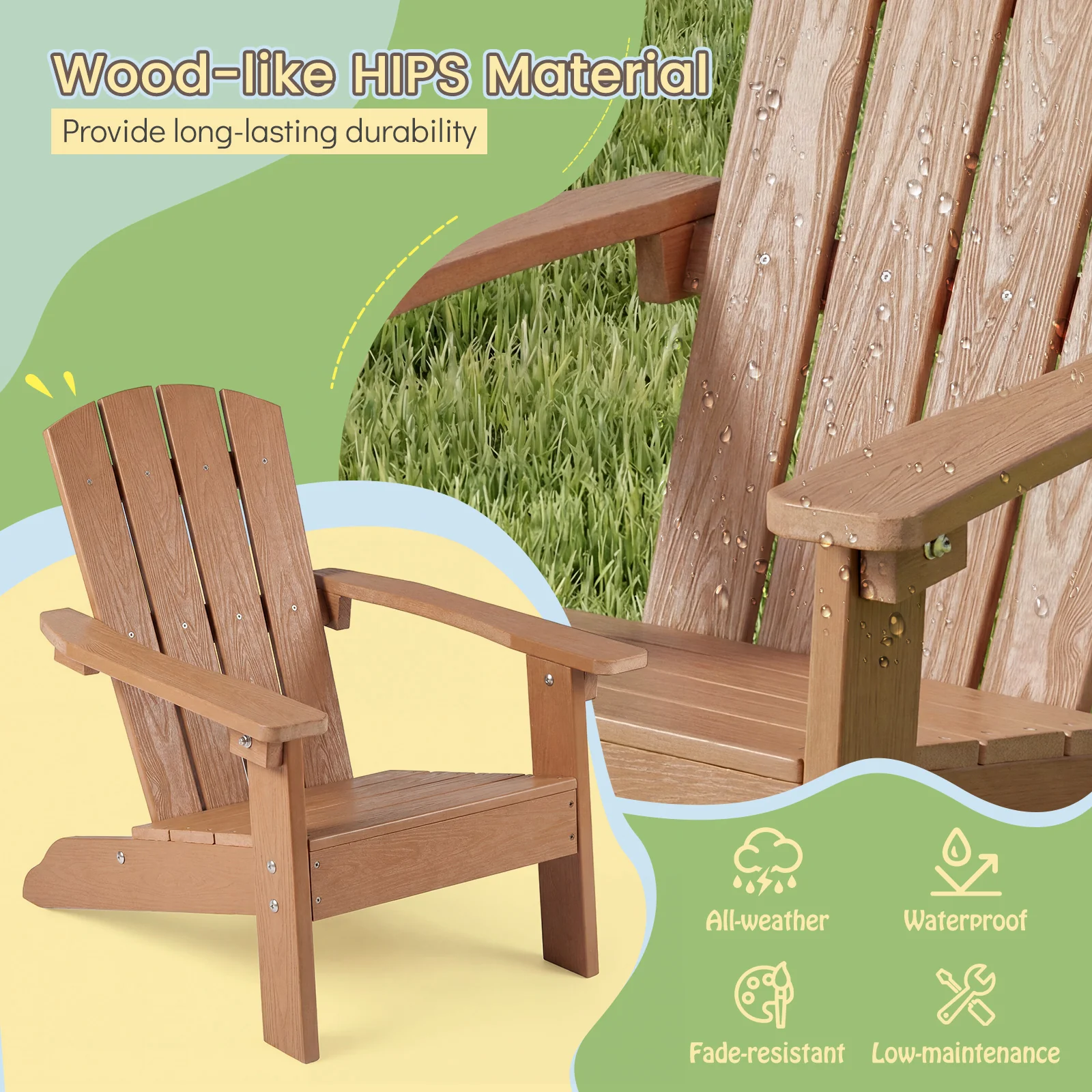 All-Weather HDPE Kid's Adirondack Chair, High Backrest, Armrests, Natural - Image 5
