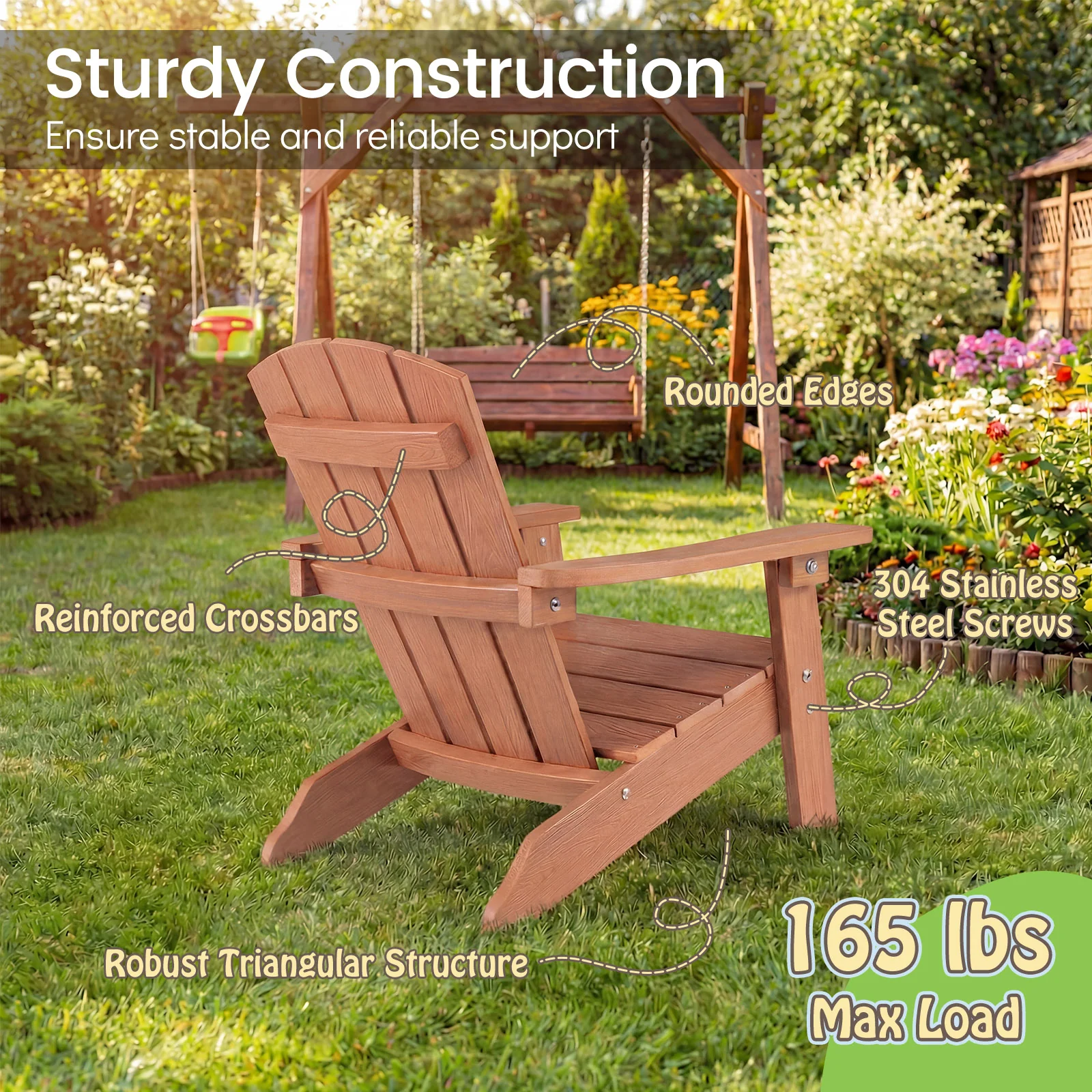 All-Weather HDPE Kid's Adirondack Chair, High Backrest, Armrests, Natural - Image 6