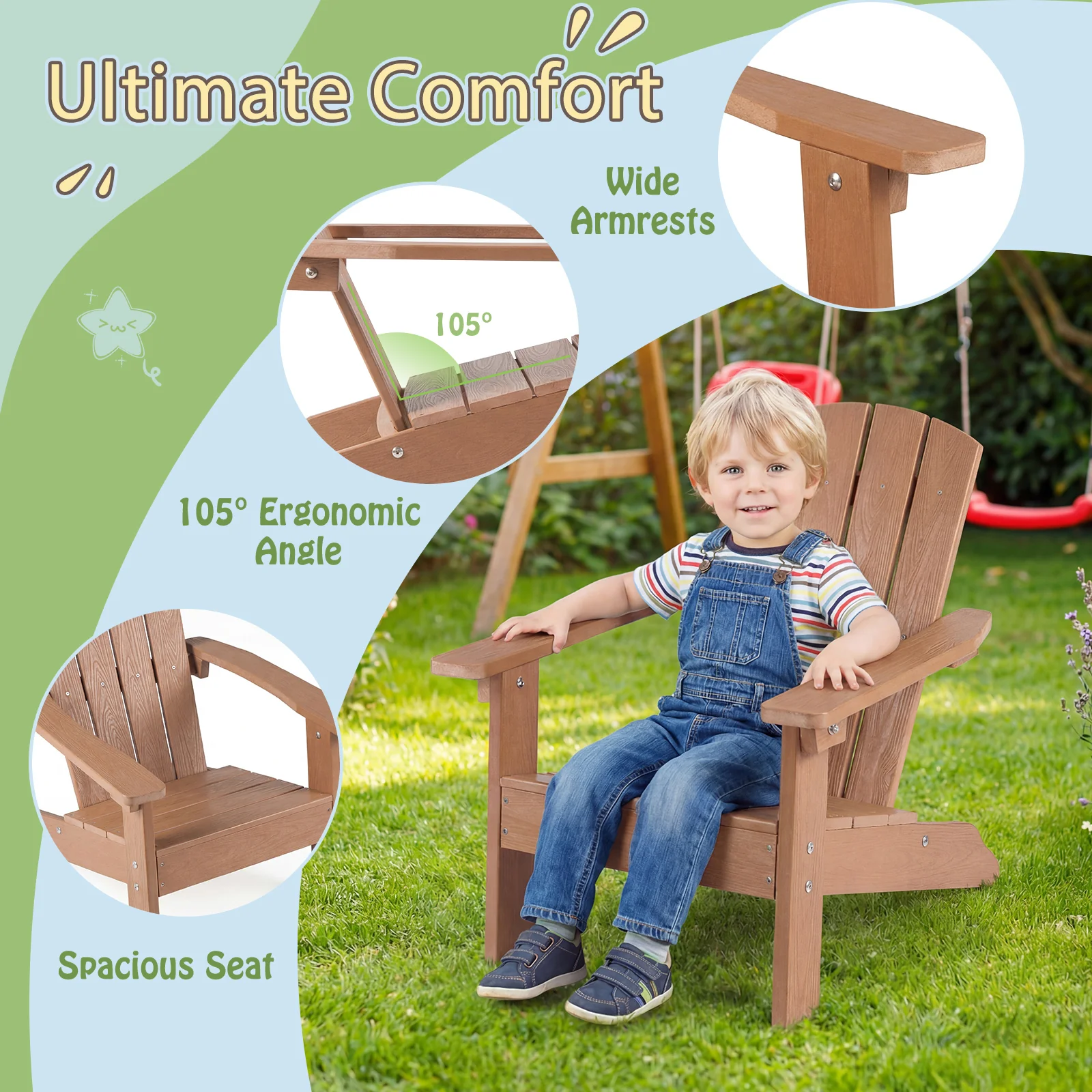 All-Weather HDPE Kid's Adirondack Chair, High Backrest, Armrests, Natural - Image 7