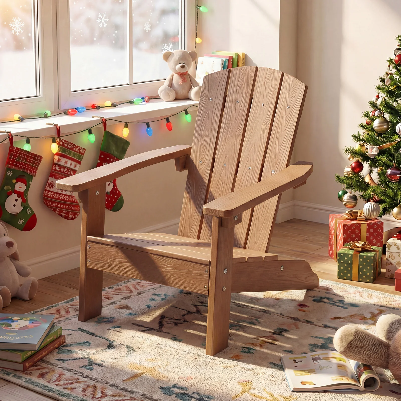 All-Weather HDPE Kid's Adirondack Chair, High Backrest, Armrests, Natural - Image 8