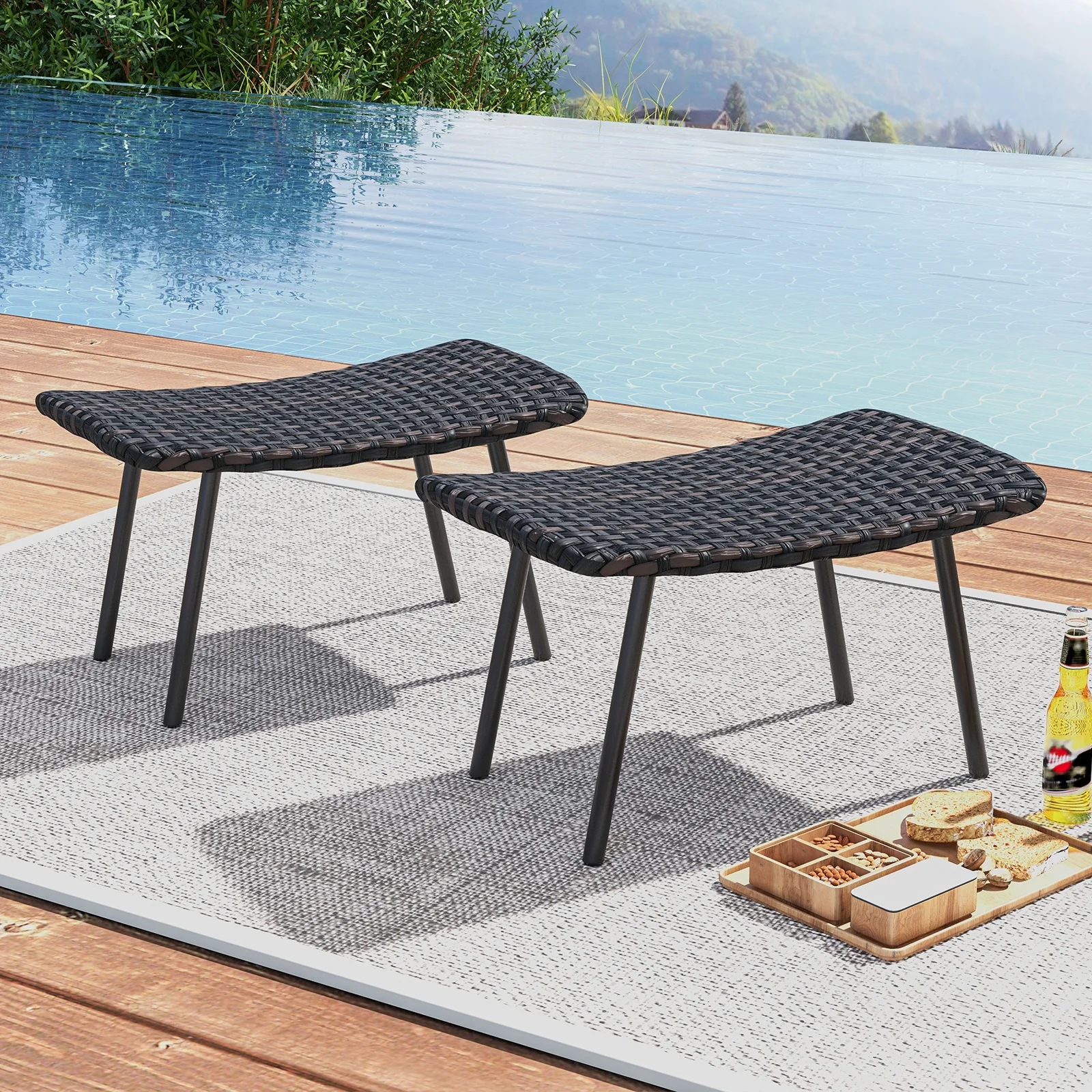 All Weather Outdoor Ottomans Set, With Sturdy Metal Legs, Brown - Image 2