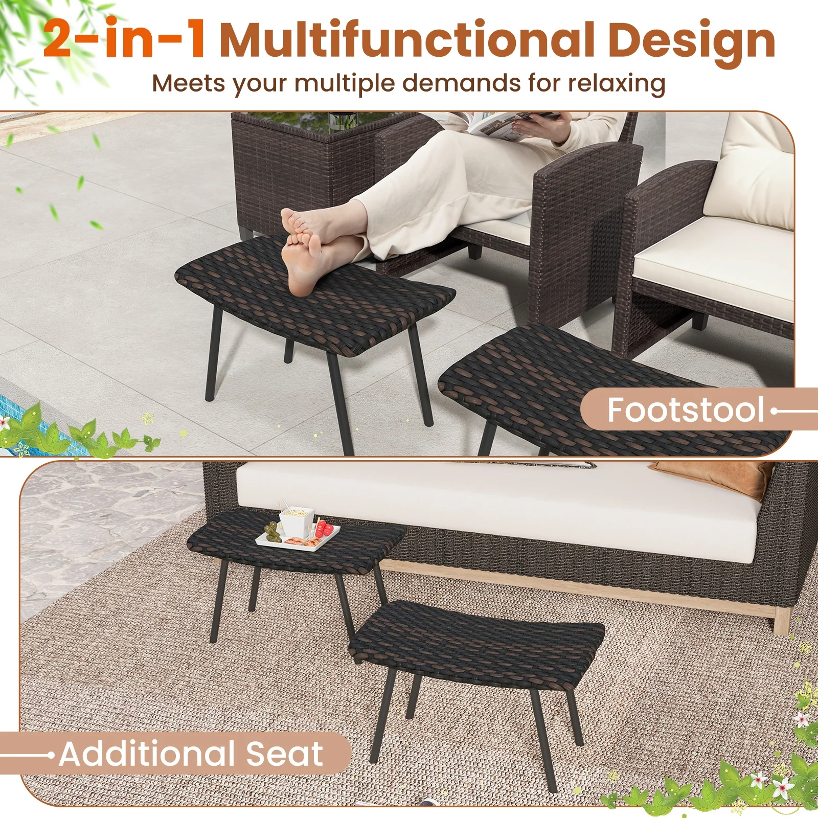 All Weather Outdoor Ottomans Set, With Sturdy Metal Legs, Brown - Image 6