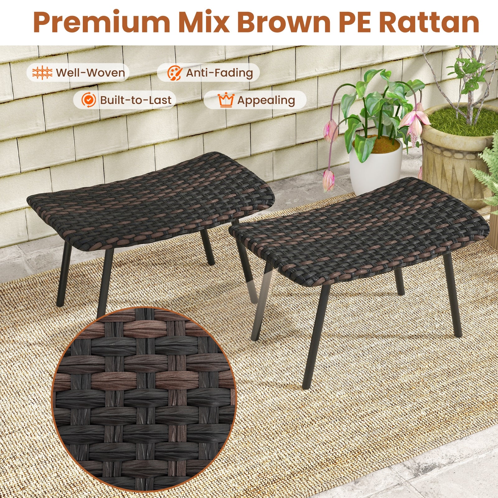 All Weather Outdoor Ottomans Set, With Sturdy Metal Legs, Brown - Image 7