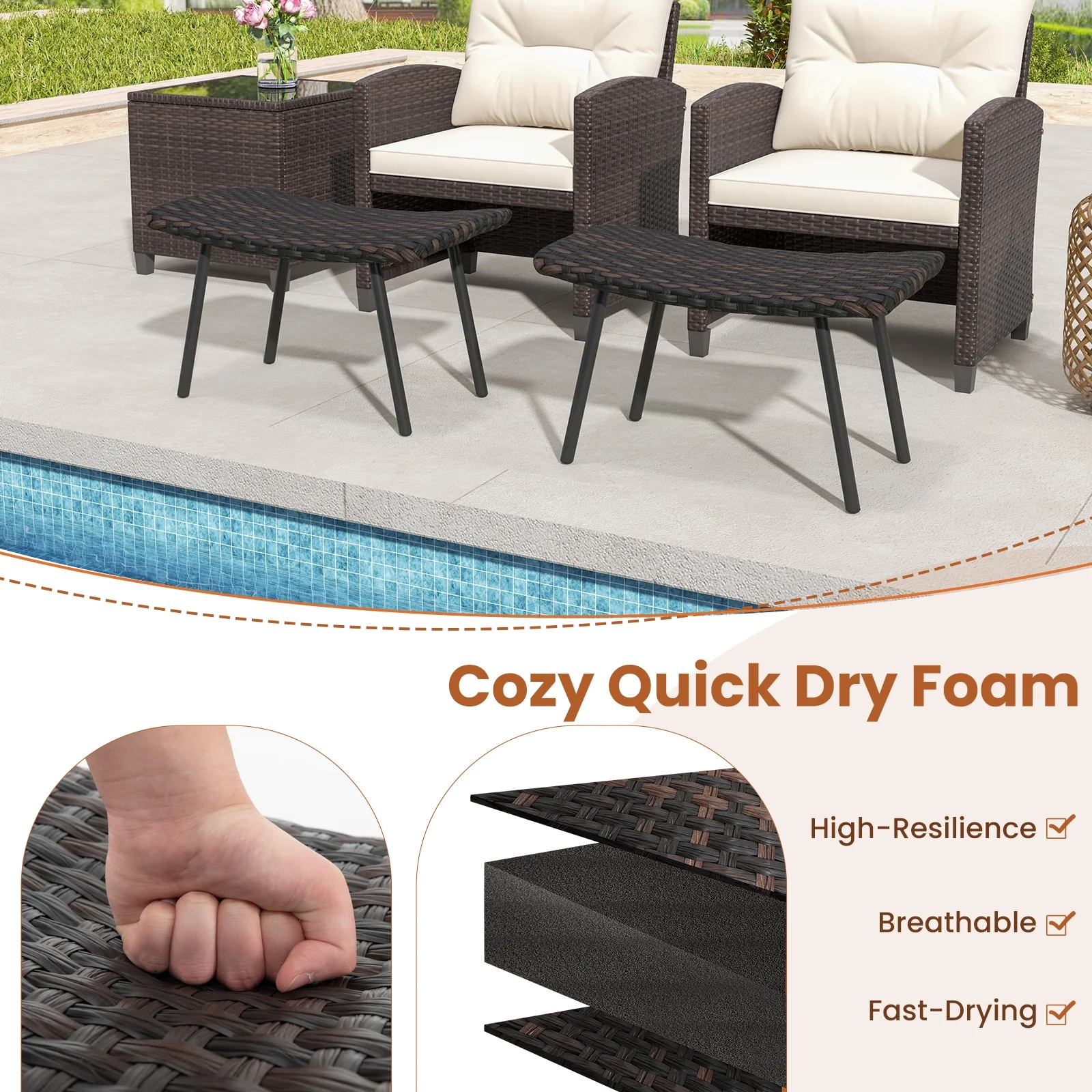 All Weather Outdoor Ottomans Set, With Sturdy Metal Legs, Brown - Image 8