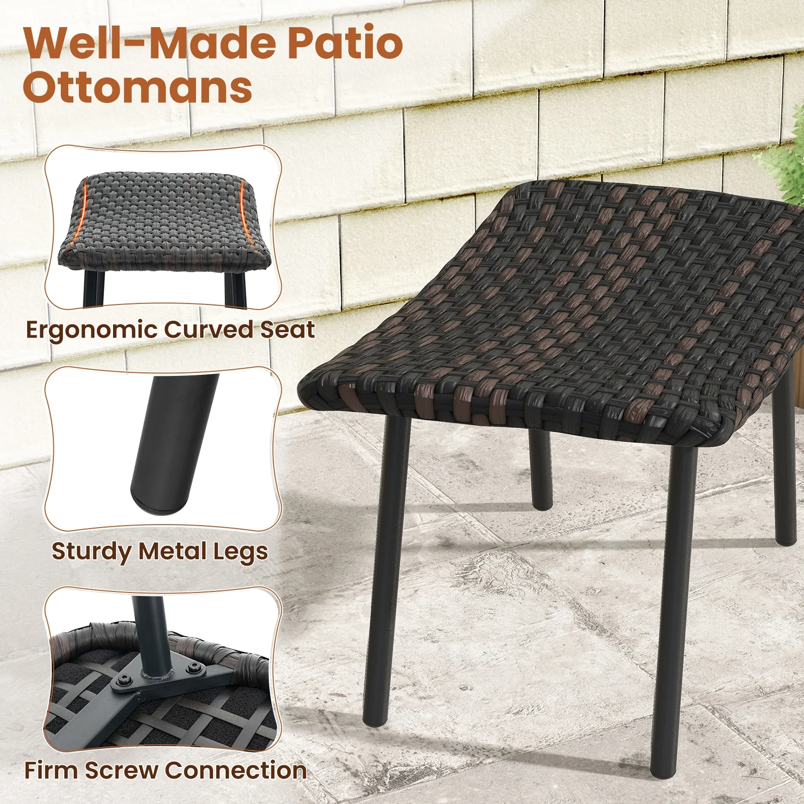 All Weather Outdoor Ottomans Set, With Sturdy Metal Legs, Brown - Image 9