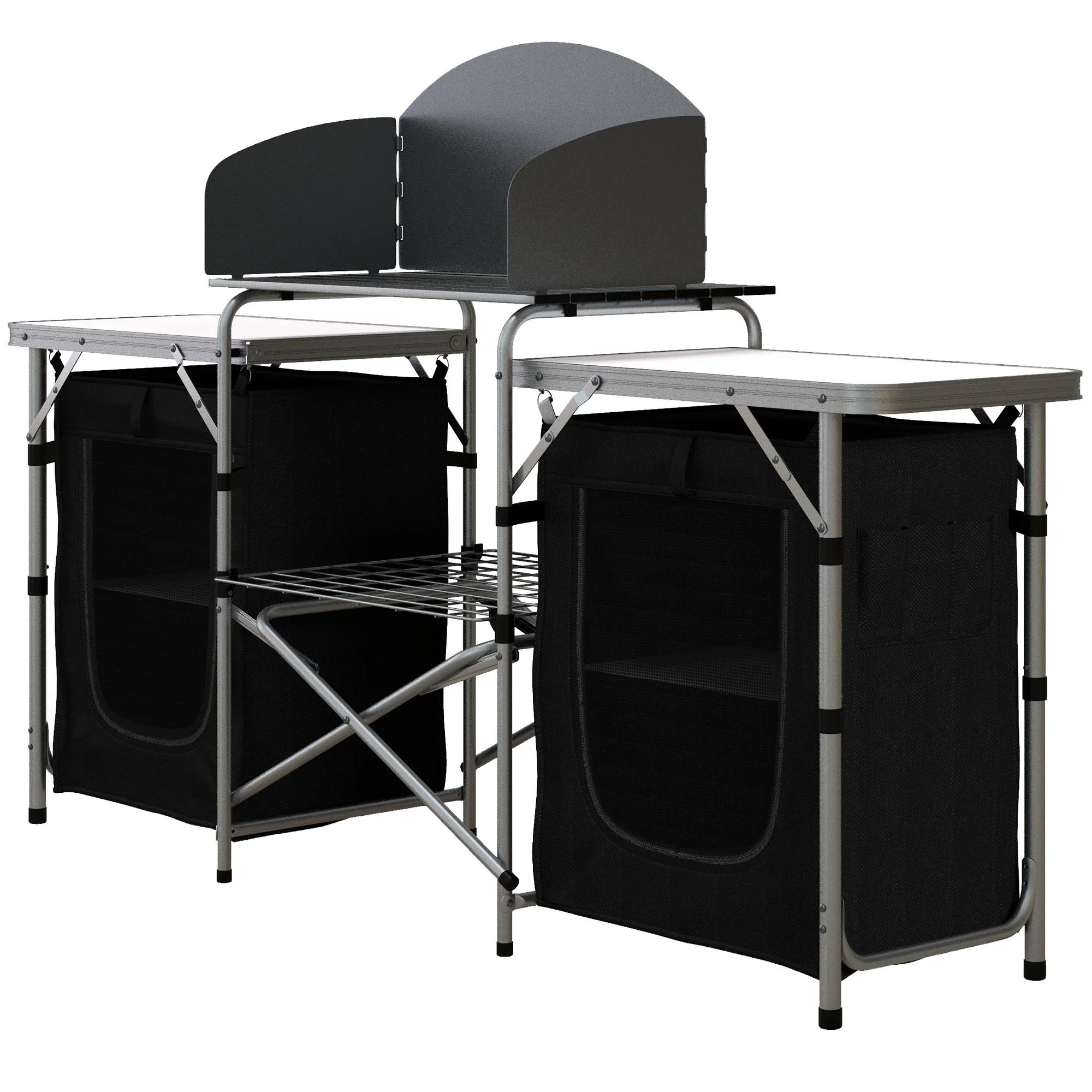 Aluminum Camping Table, Folding Kitchen with Windshield, Cupboards, Carrying Bag