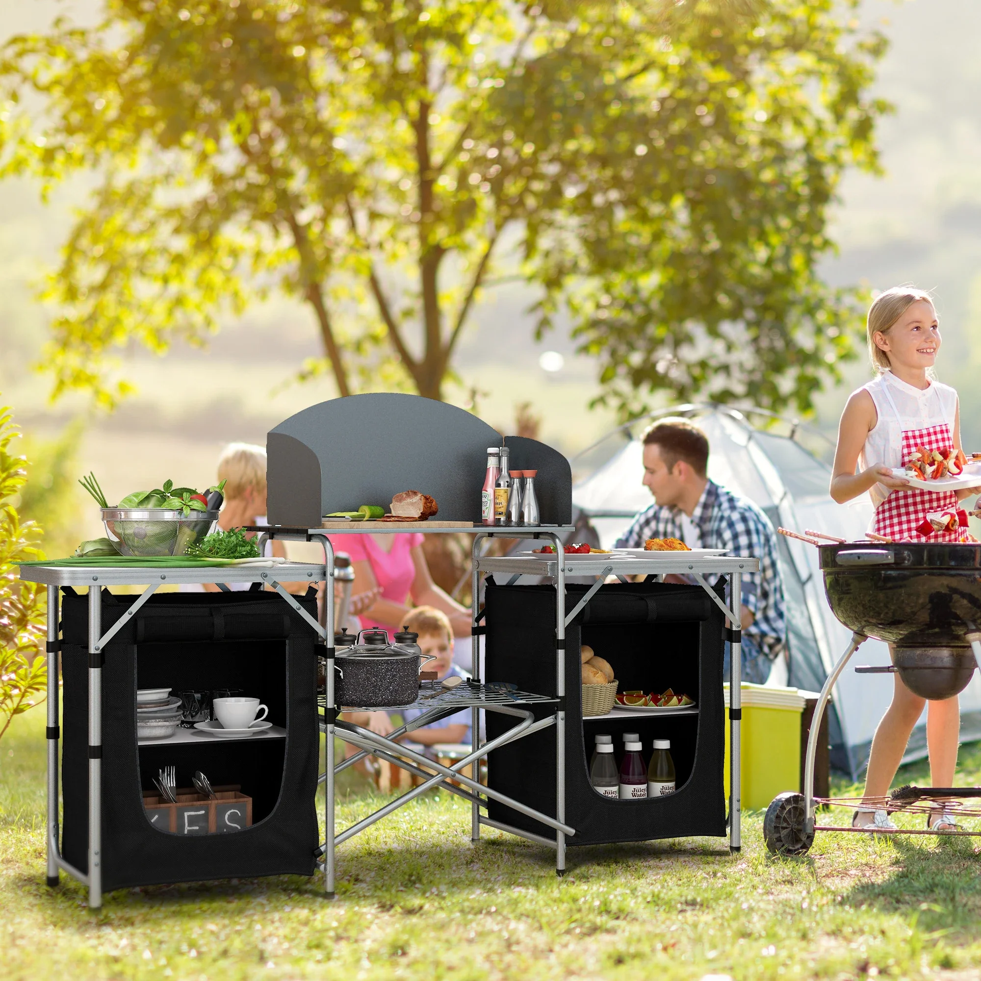 Aluminum Camping Table, Folding Kitchen with Windshield, Cupboards, Carrying Bag - Image 2
