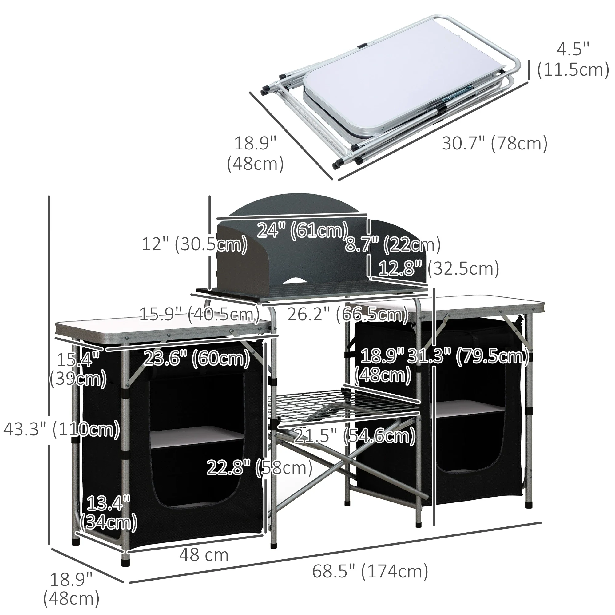 Aluminum Camping Table, Folding Kitchen with Windshield, Cupboards, Carrying Bag - Image 3