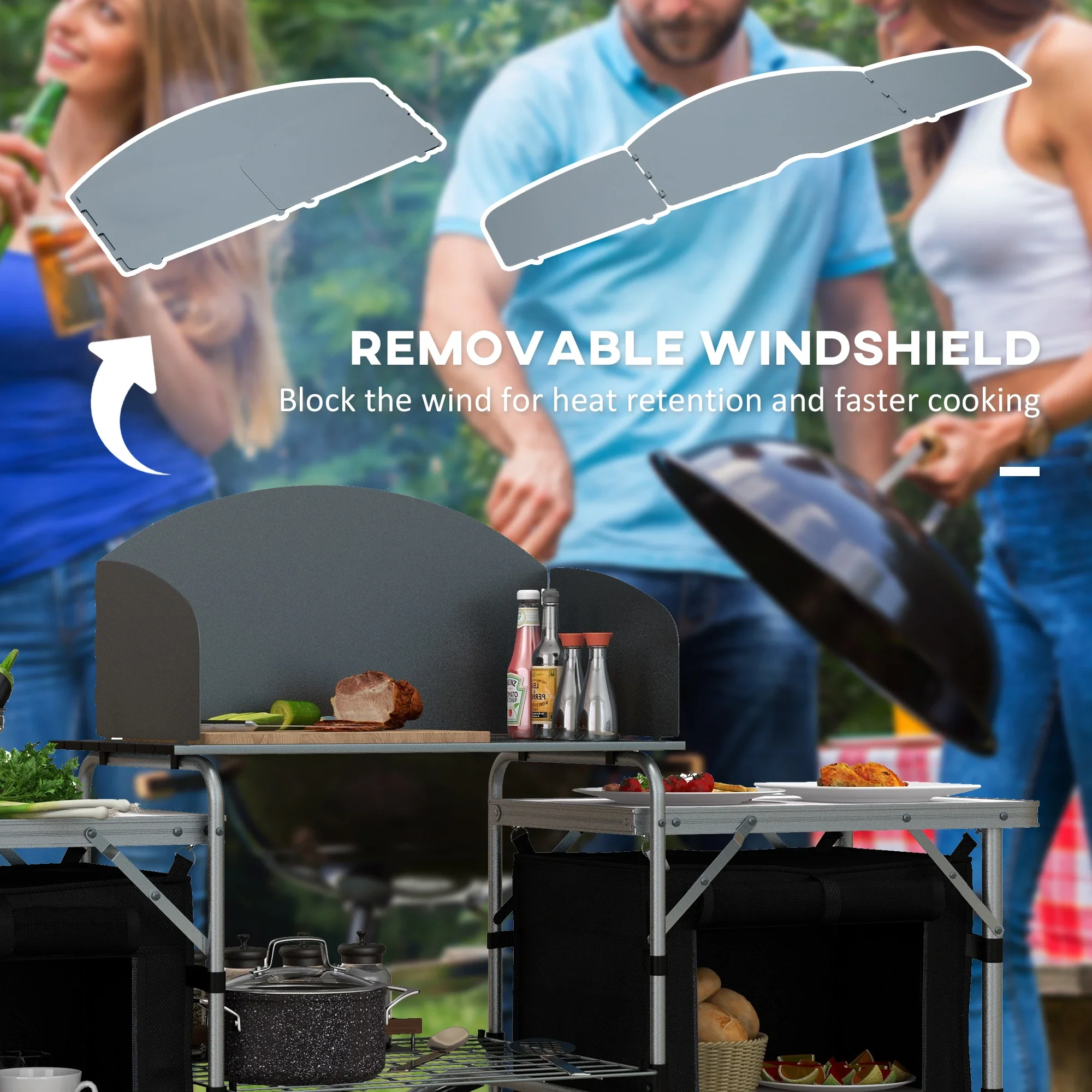 Aluminum Camping Table, Folding Kitchen with Windshield, Cupboards, Carrying Bag - Image 4
