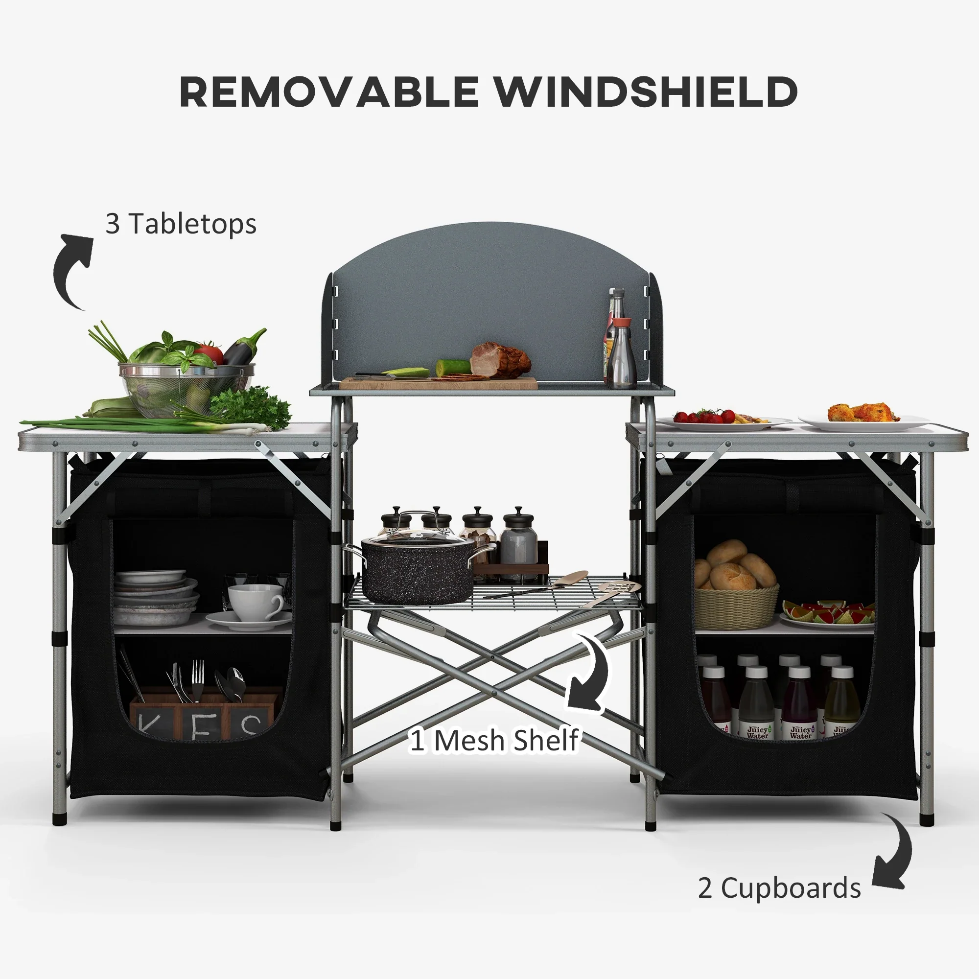 Aluminum Camping Table, Folding Kitchen with Windshield, Cupboards, Carrying Bag - Image 6