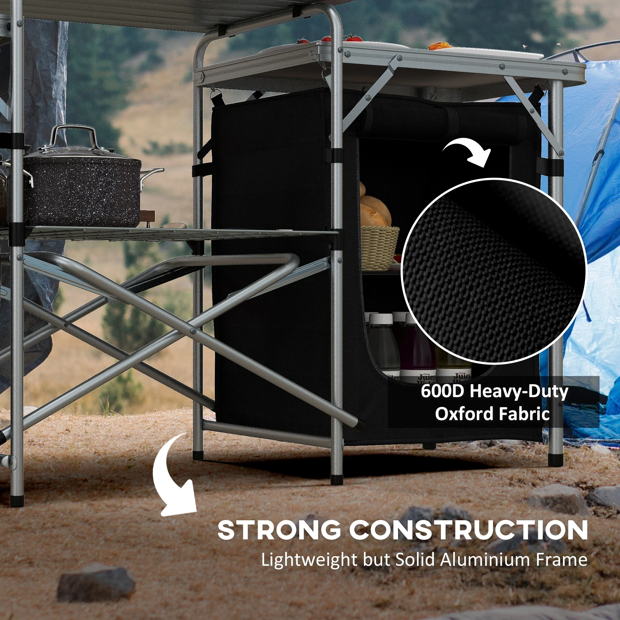 Aluminum Camping Table, Folding Kitchen with Windshield, Cupboards, Carrying Bag - Image 7