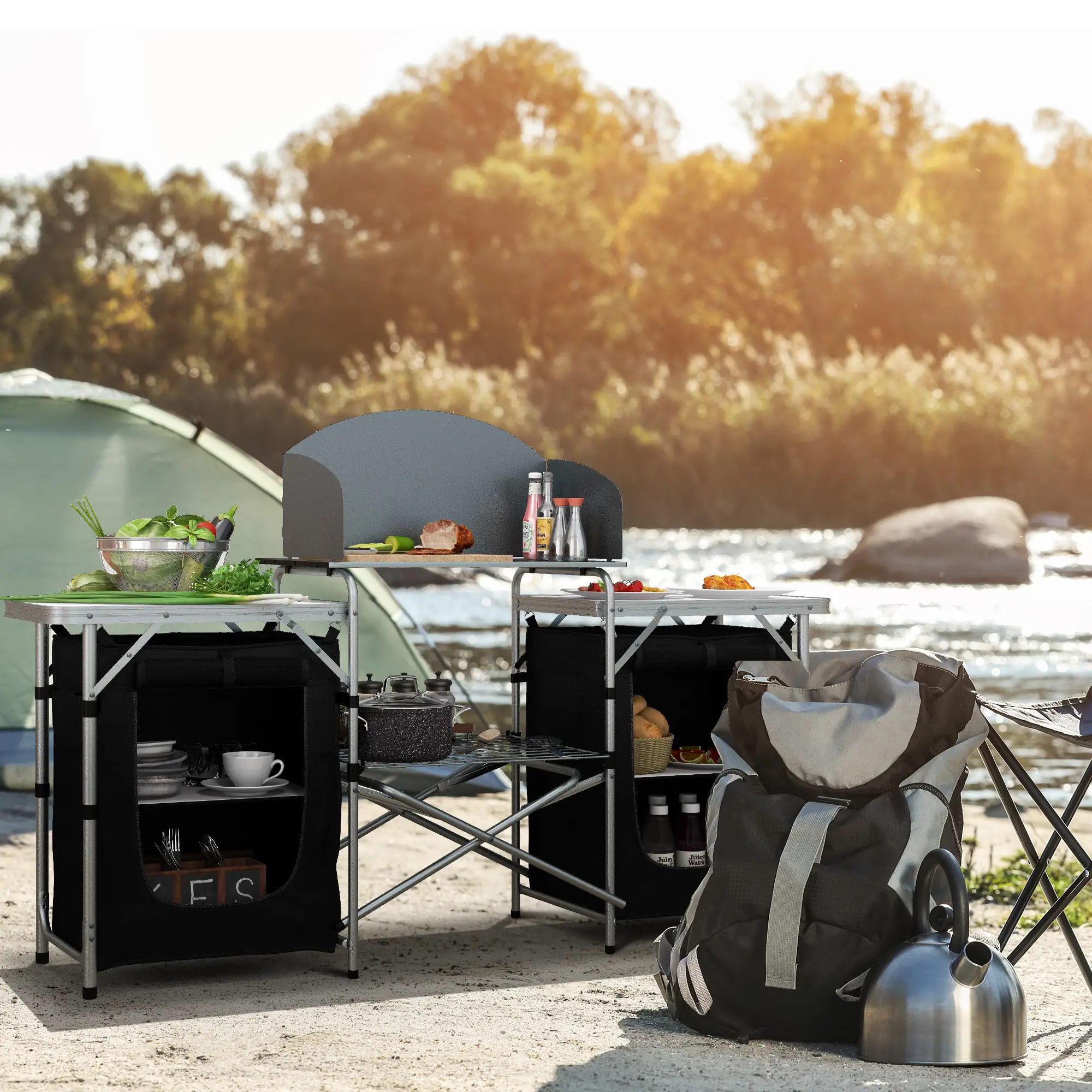 Aluminum Camping Table, Folding Kitchen with Windshield, Cupboards, Carrying Bag - Image 8