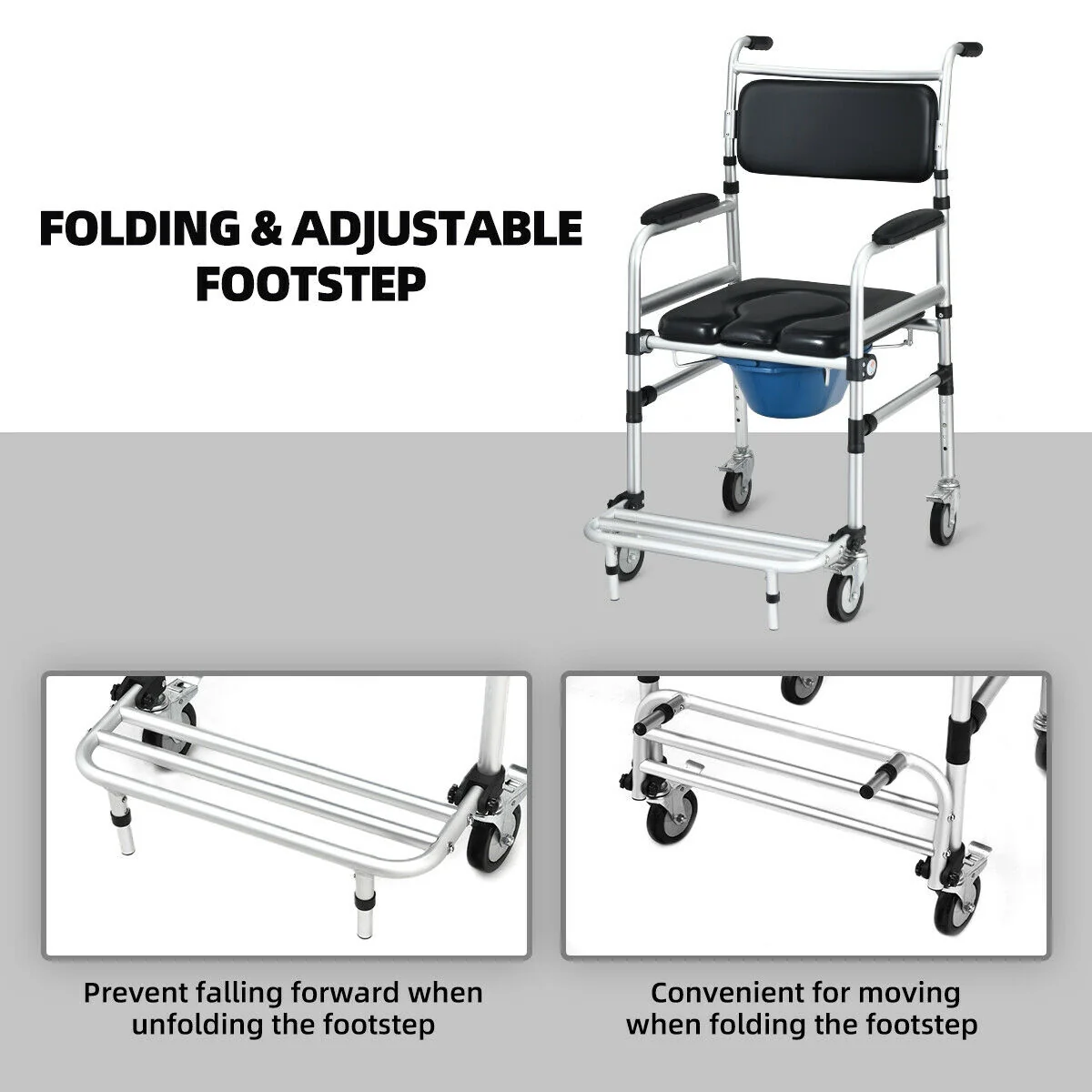 Aluminum Commode Shower Wheelchair, Locking Casters, Black - Image 10